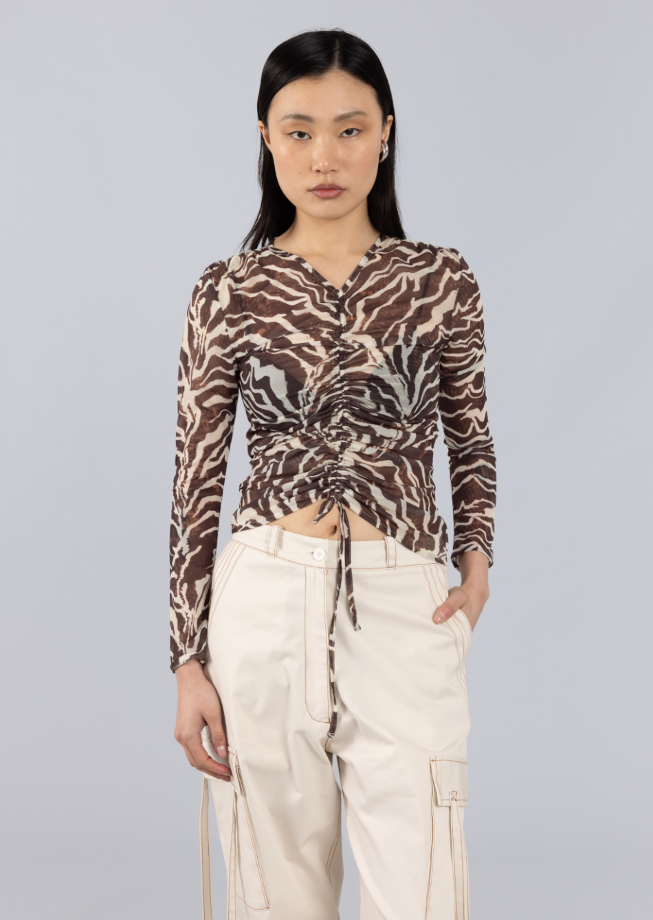 Animal Print Contrast Pleated Sheer Top