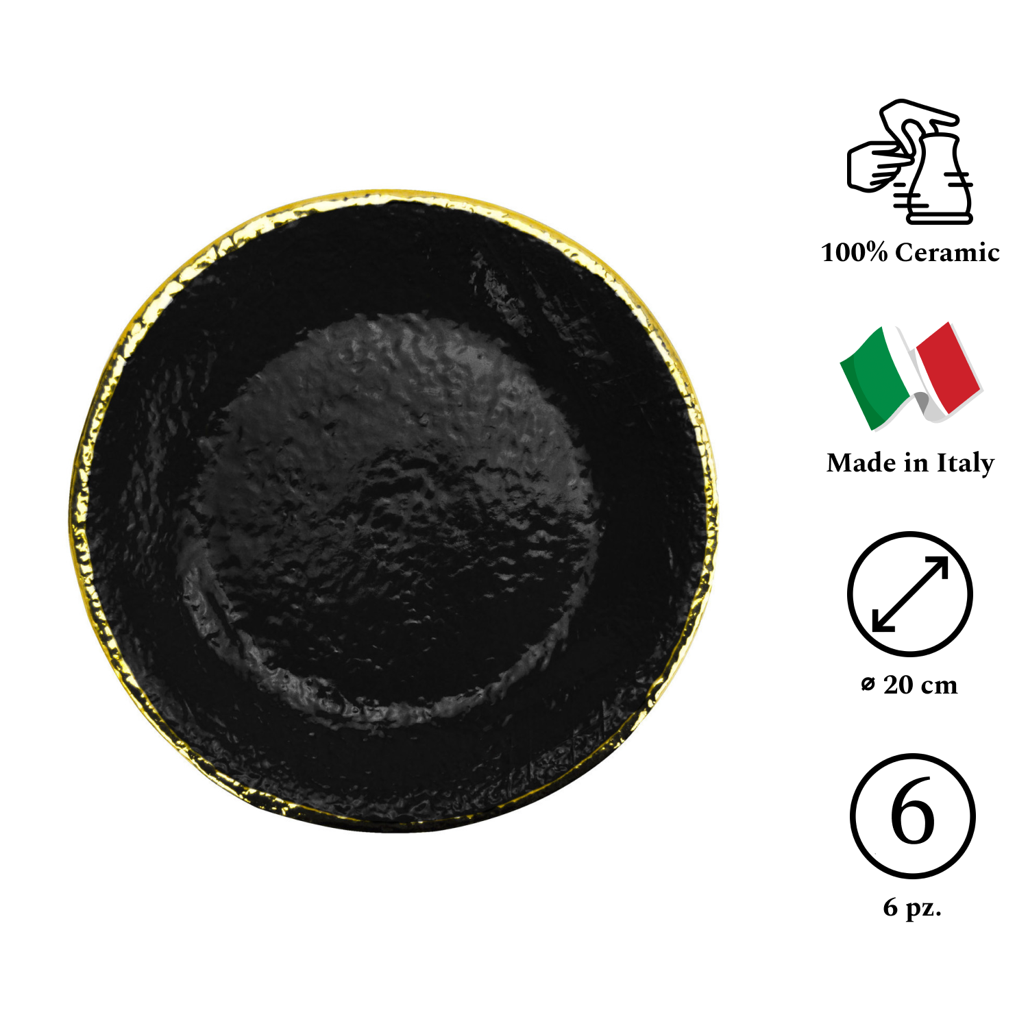 PRETA Oro Set 6 piatti frutta da 20cm Ceramica Nero