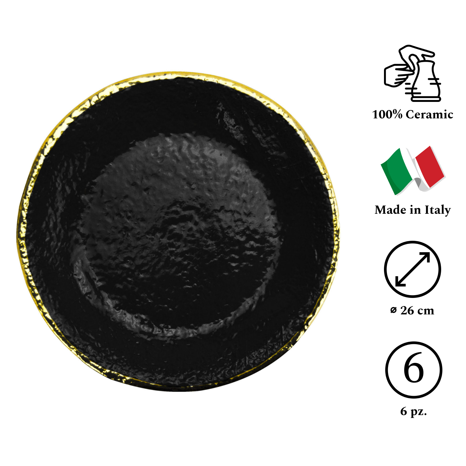 PRETA Oro Set 6 piatti piani da 26cm Ceramica Nero