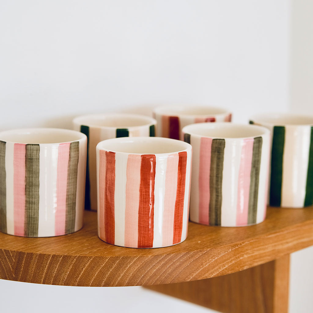 Tazza da caffè in ceramica - Strisce rosa/verdi