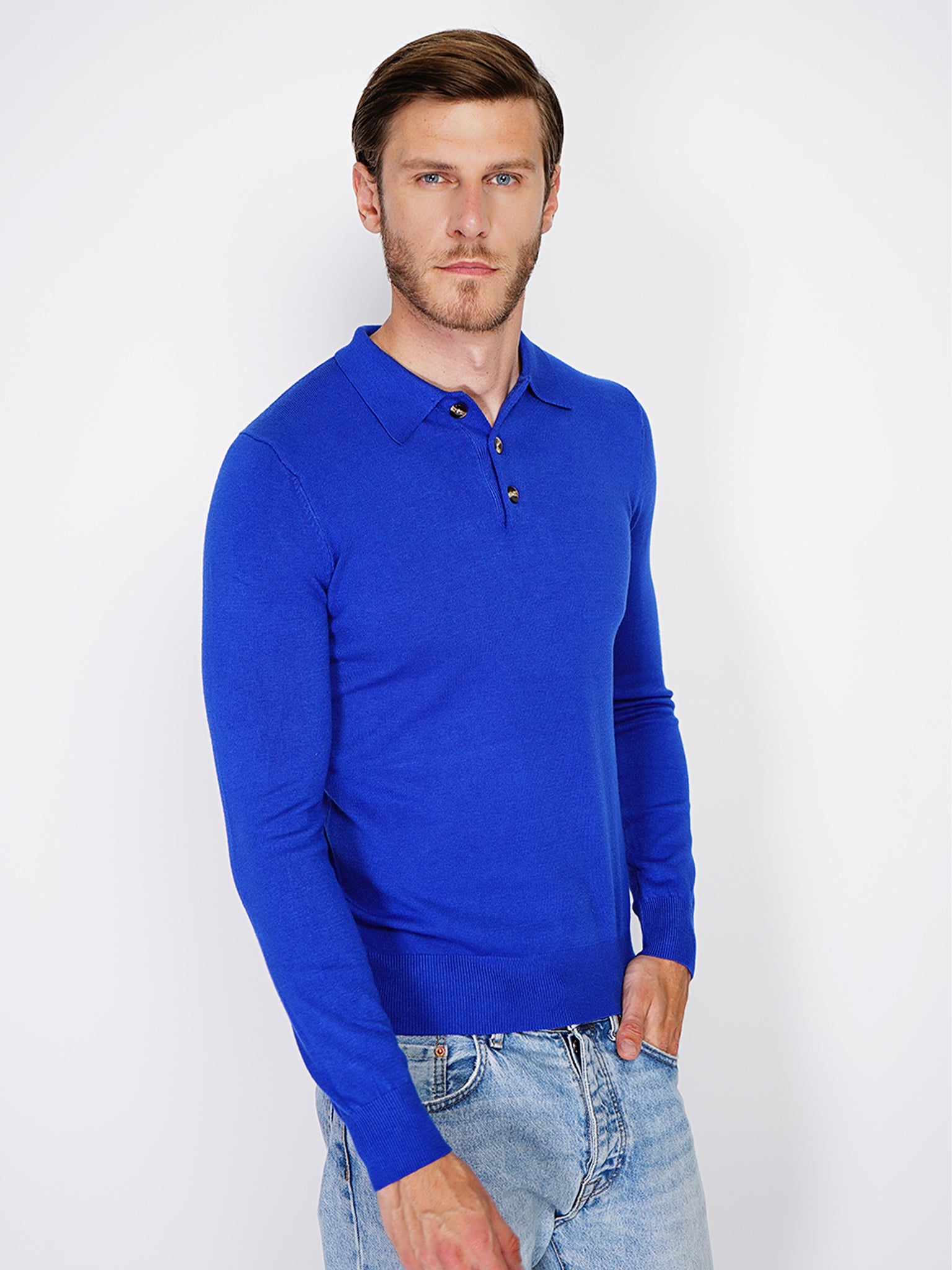 Polo Con Collo A Bottoni In Maglia A 3 Fili - Royal Blu