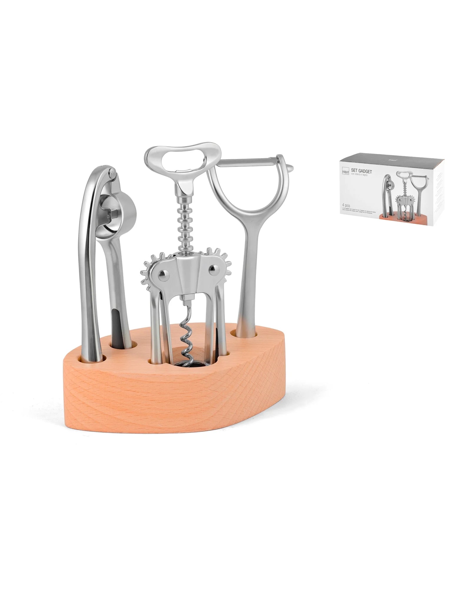 Confezione 4 Pezzi Gadgets Con Manici Antiscivolo Base Legno