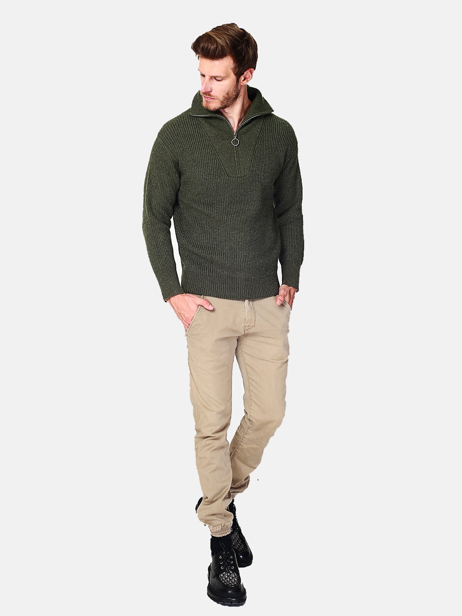 Maglia Con Zip E Collo Trucker - Khaki