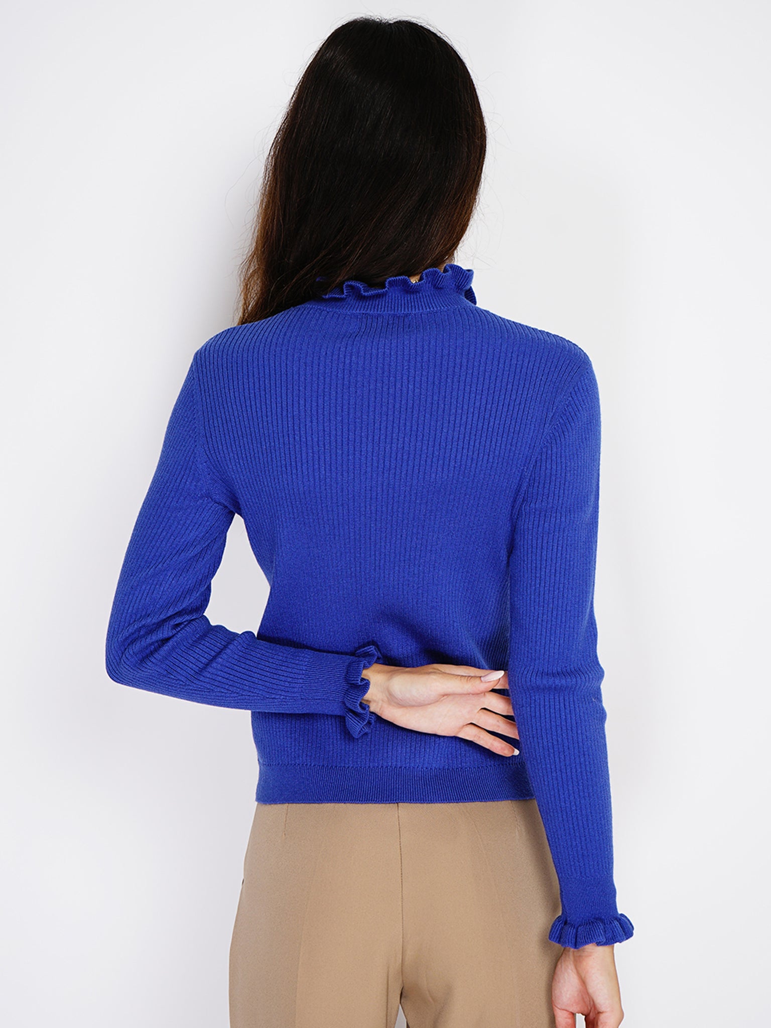 Maglia Con Scollo Alto A Maniche Lunghe Con volant - Royal Blu