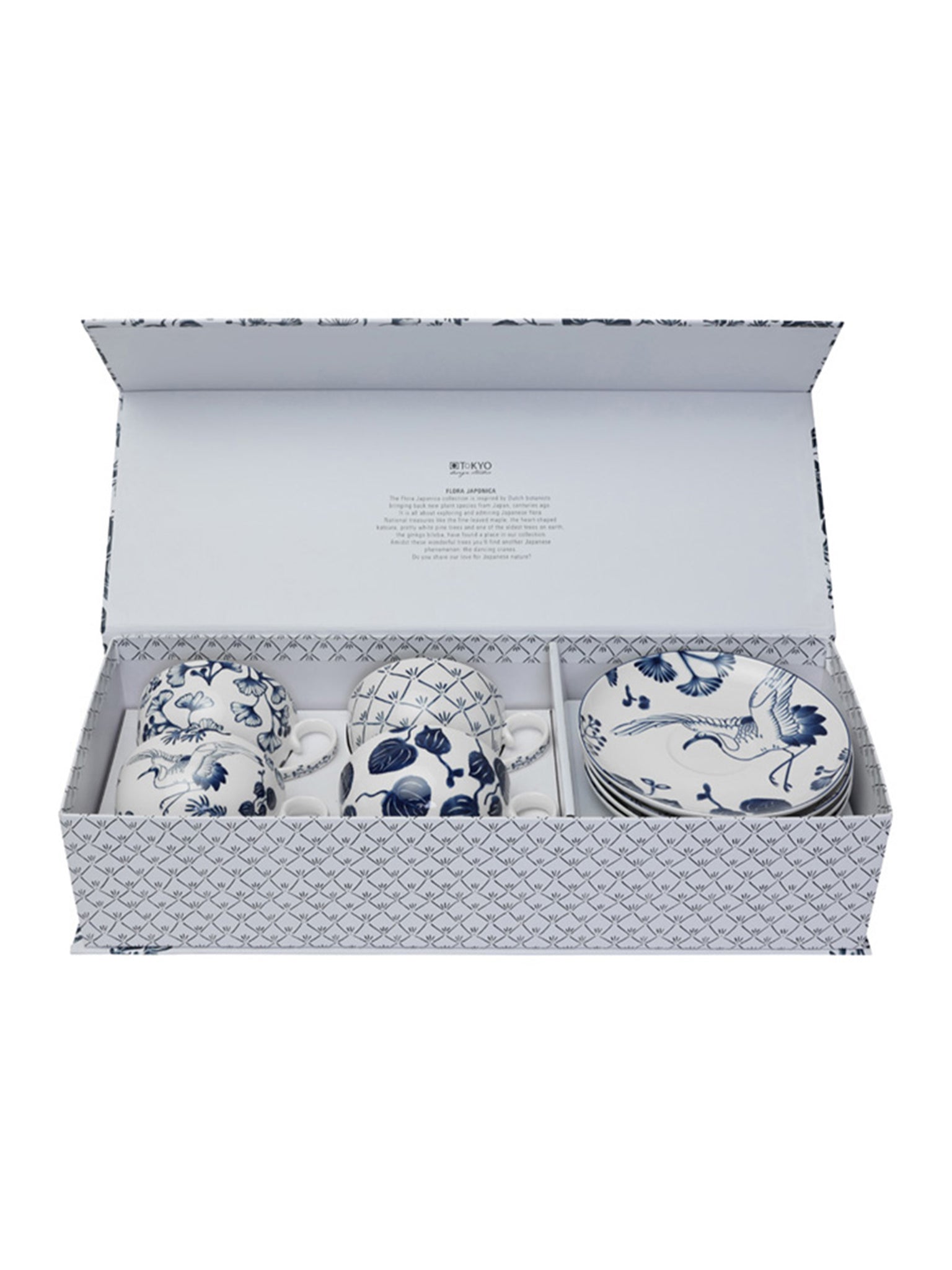 Set caffè 4 tazze + piattini Flora Japonica in Porcellana Bianco/Blu