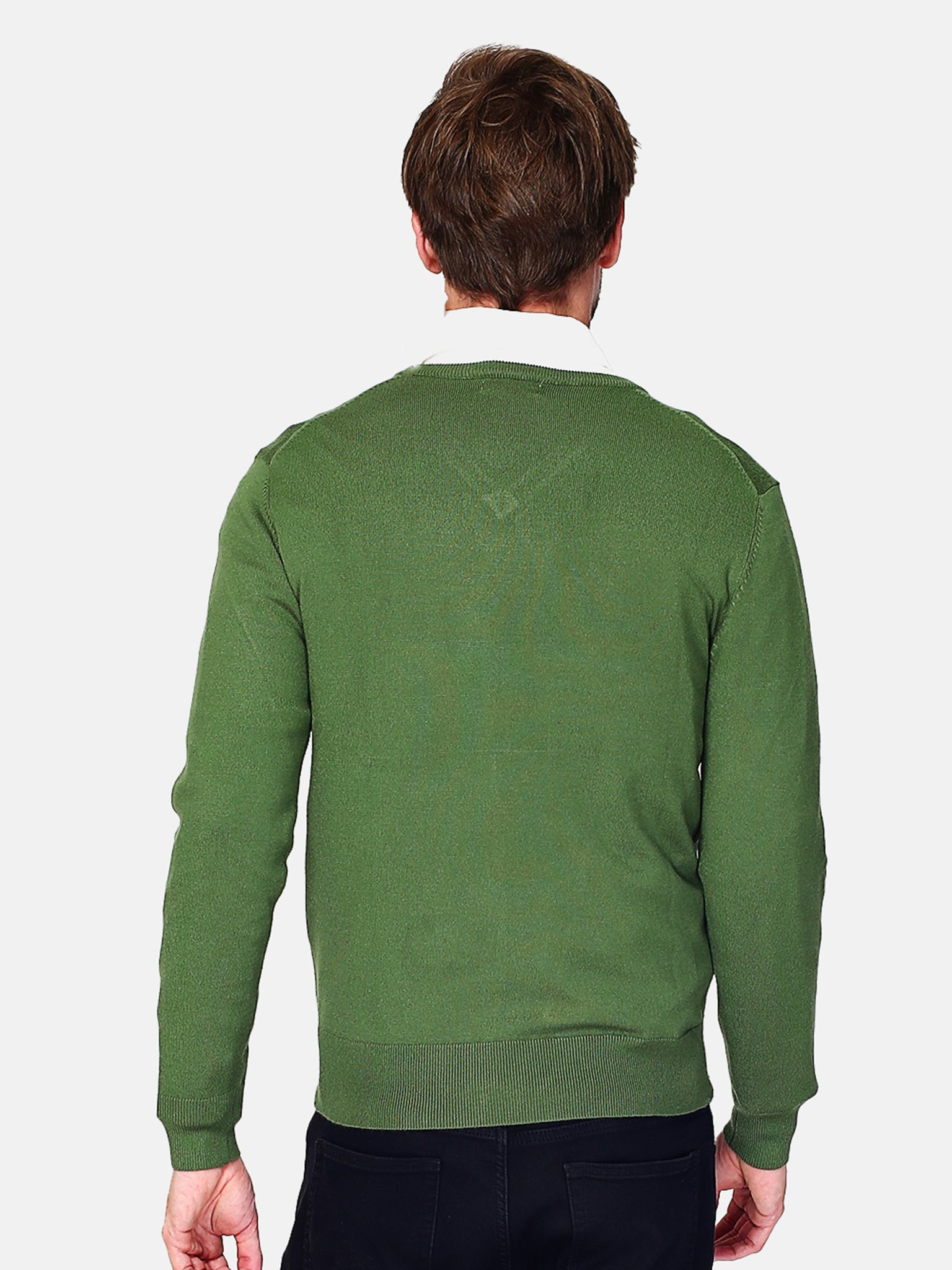 Classico Maglione A Maniche Lunghe Con Scollo a V a 3 Fili  - Verde Prato