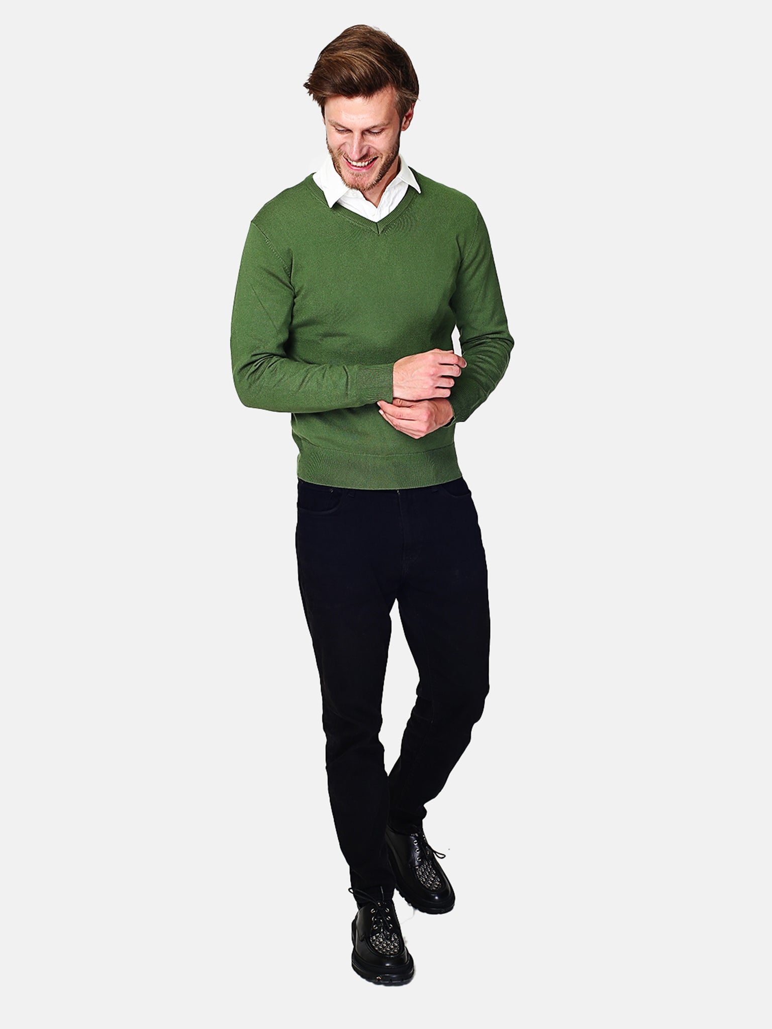 Classico Maglione A Maniche Lunghe Con Scollo a V a 3 Fili  - Verde Prato