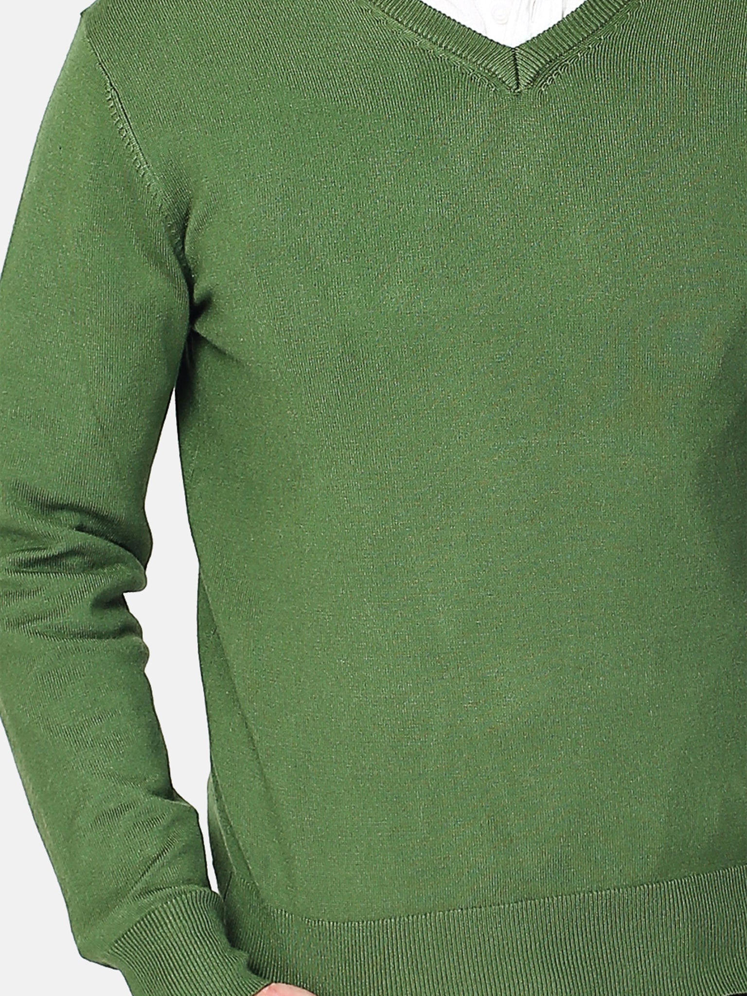 Classico Maglione A Maniche Lunghe Con Scollo a V a 3 Fili  - Verde Prato