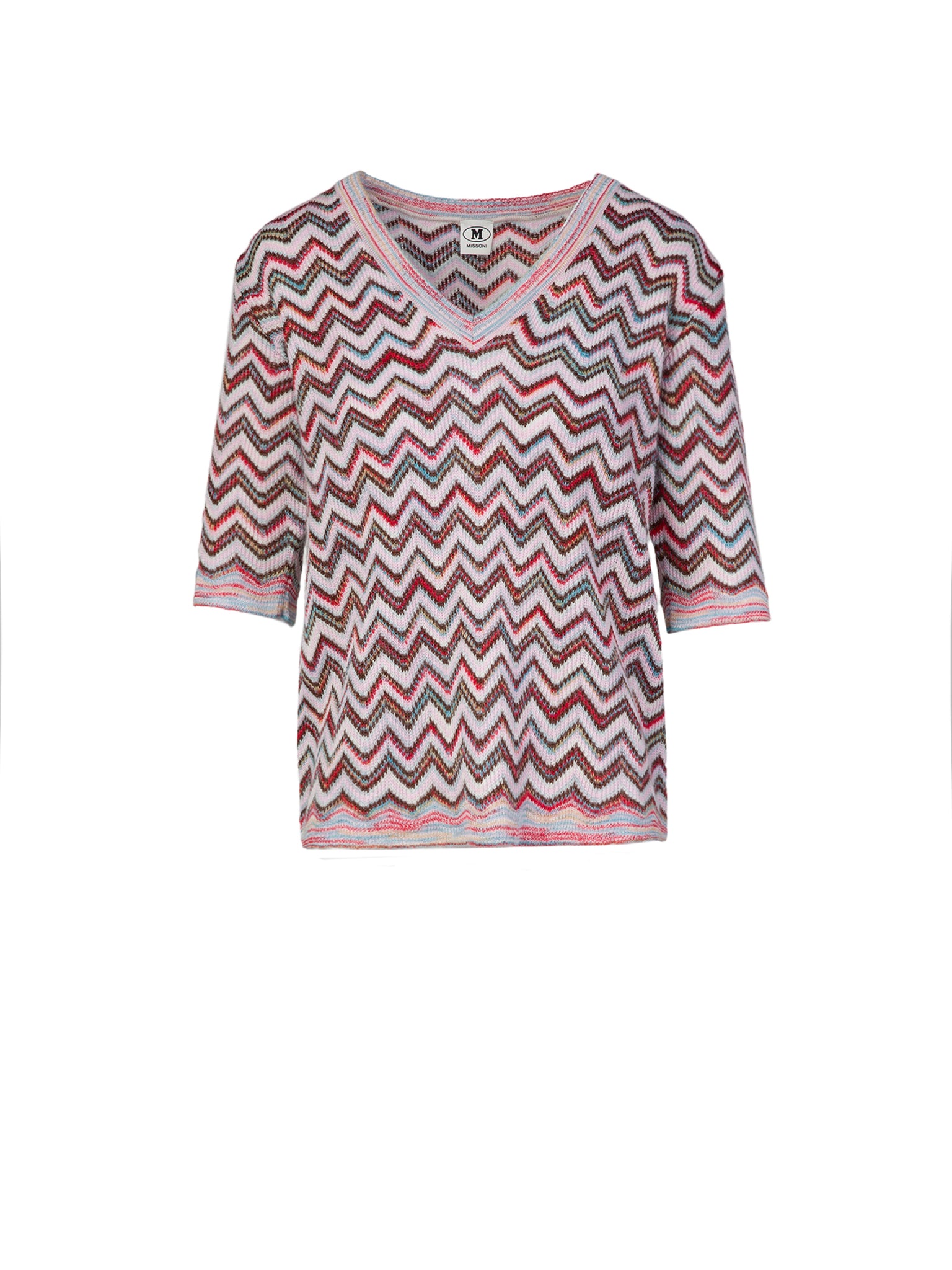 V-NECK SWEATER ZIG ZAG RED LIGHT BLUE AND GREEN M MISSONI