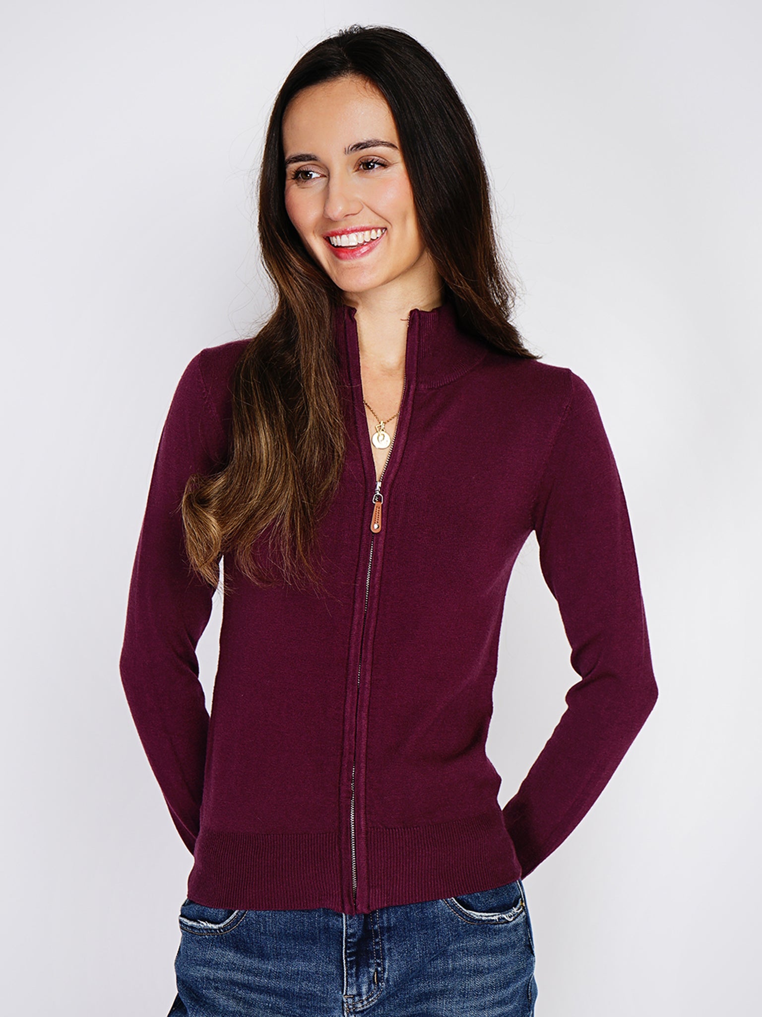 Classico Cardigan Con Zip A 3 Fili - Rosso Vino