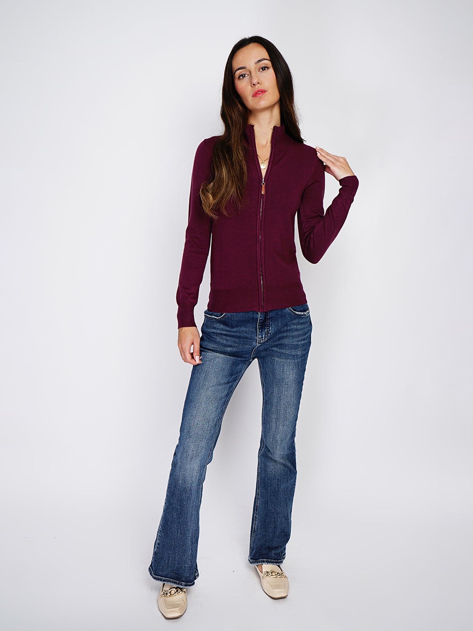 Classico Cardigan Con Zip A 3 Fili - Rosso Vino