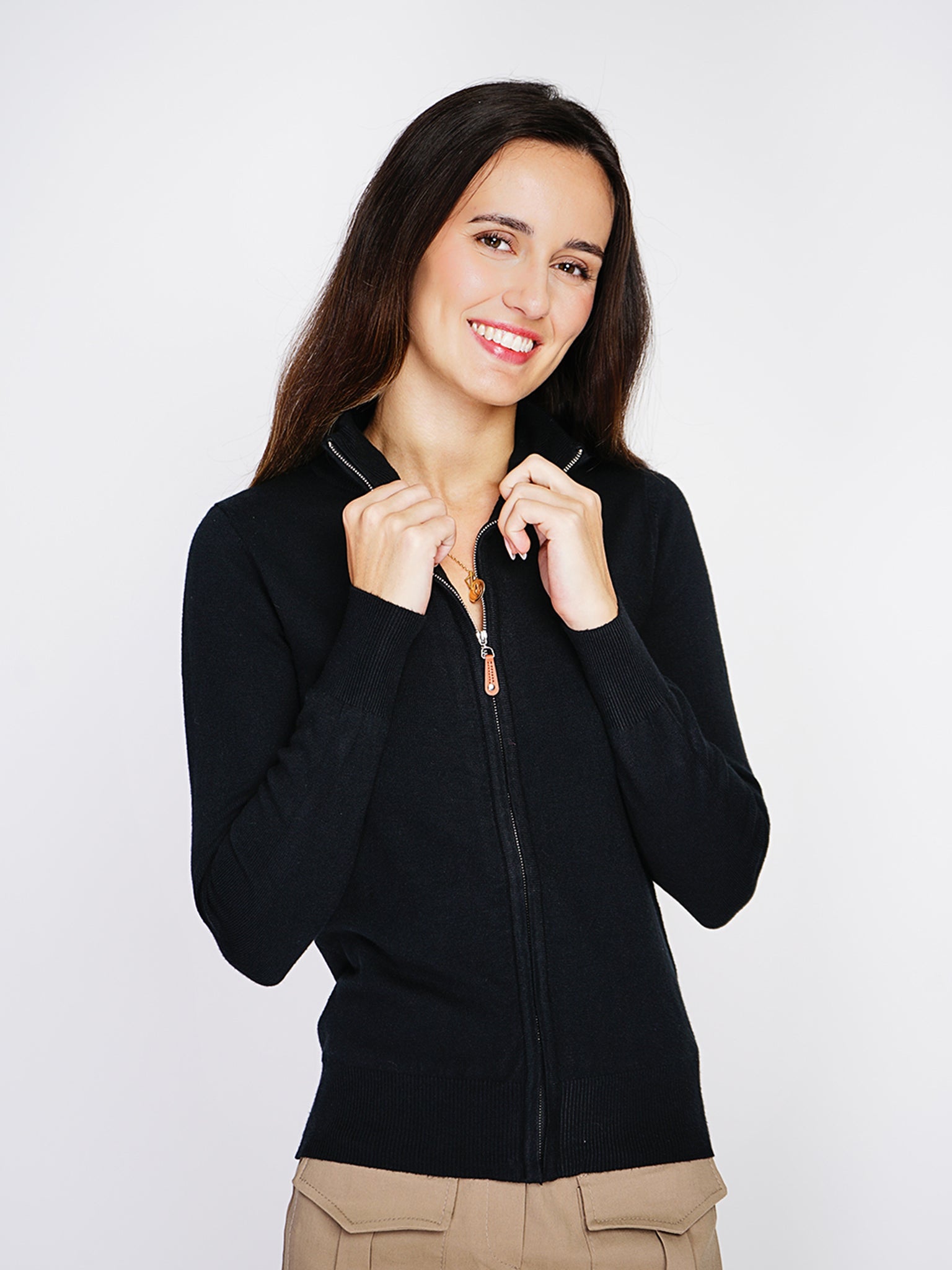 Classico Cardigan Con Zip A 3 Fili - Nero