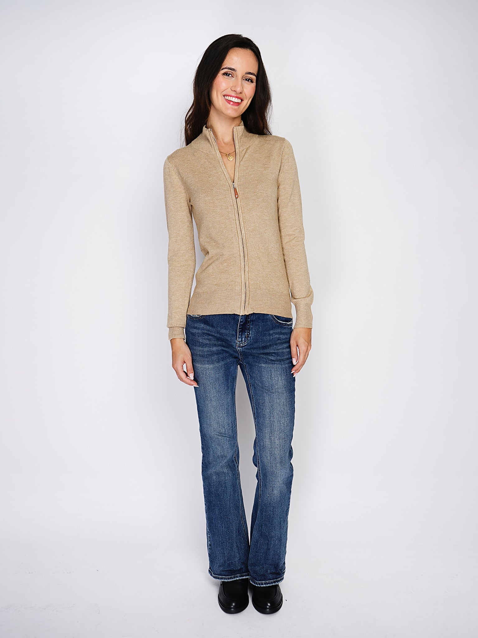 Classico Cardigan Con Zip A 3 Fili - Cammello