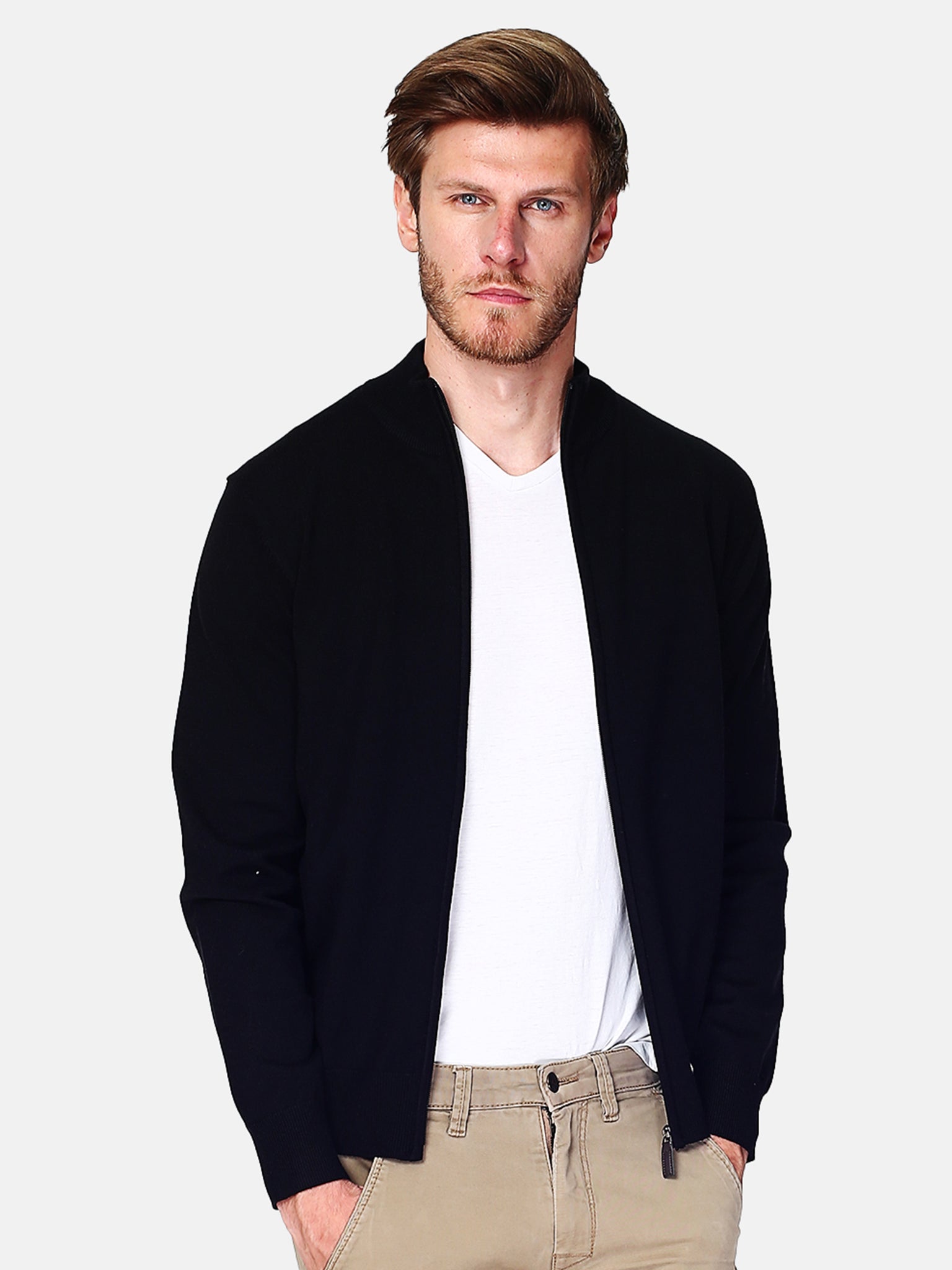 Classico Cardigan 3 Strati Con Zip E Maniche Lunghe - Nero