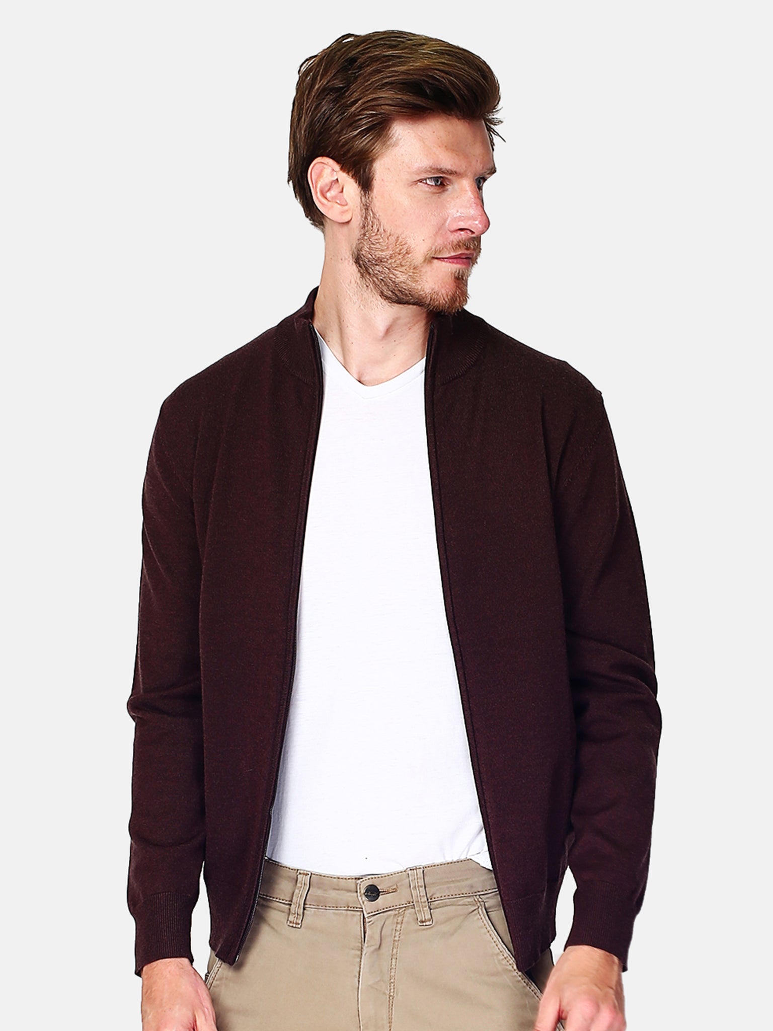 Classico Cardigan 3 Strati Con Zip E Maniche Lunghe - Caffè