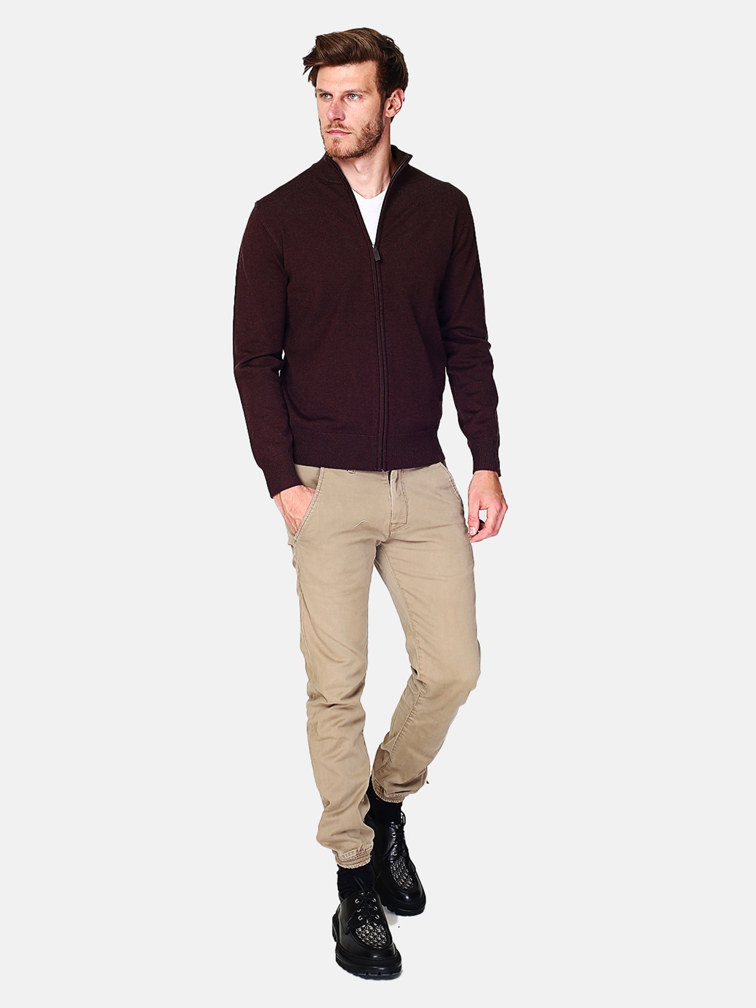 Classico Cardigan 3 Strati Con Zip E Maniche Lunghe - Caffè