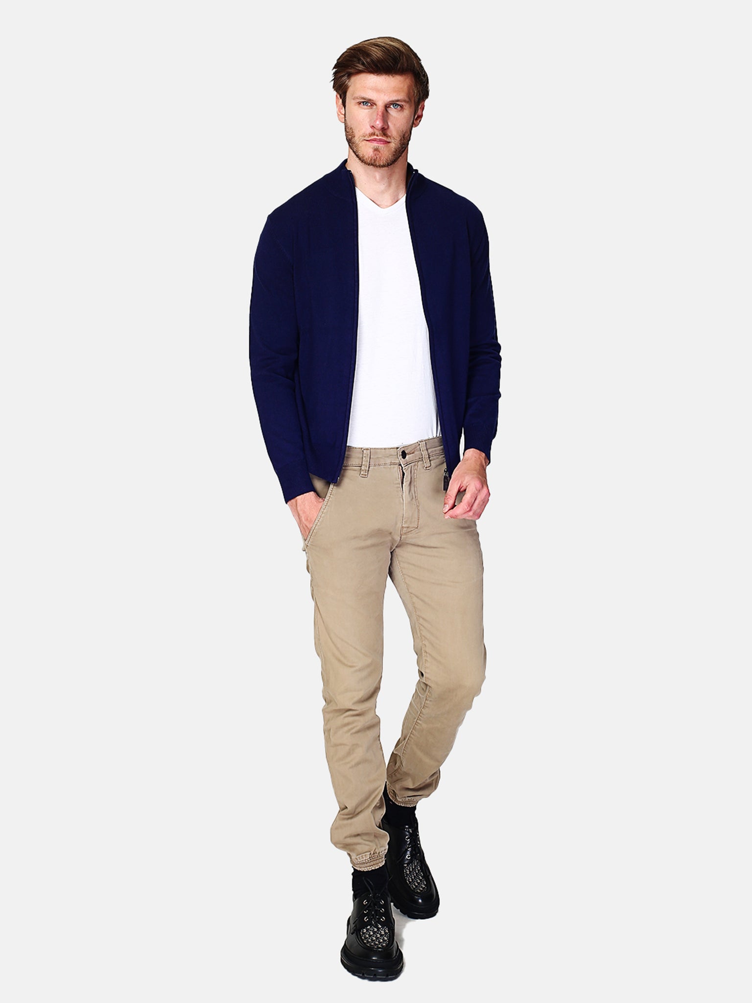 Classico Cardigan 3 Strati Con Zip E Maniche Lunghe - Blu Notte