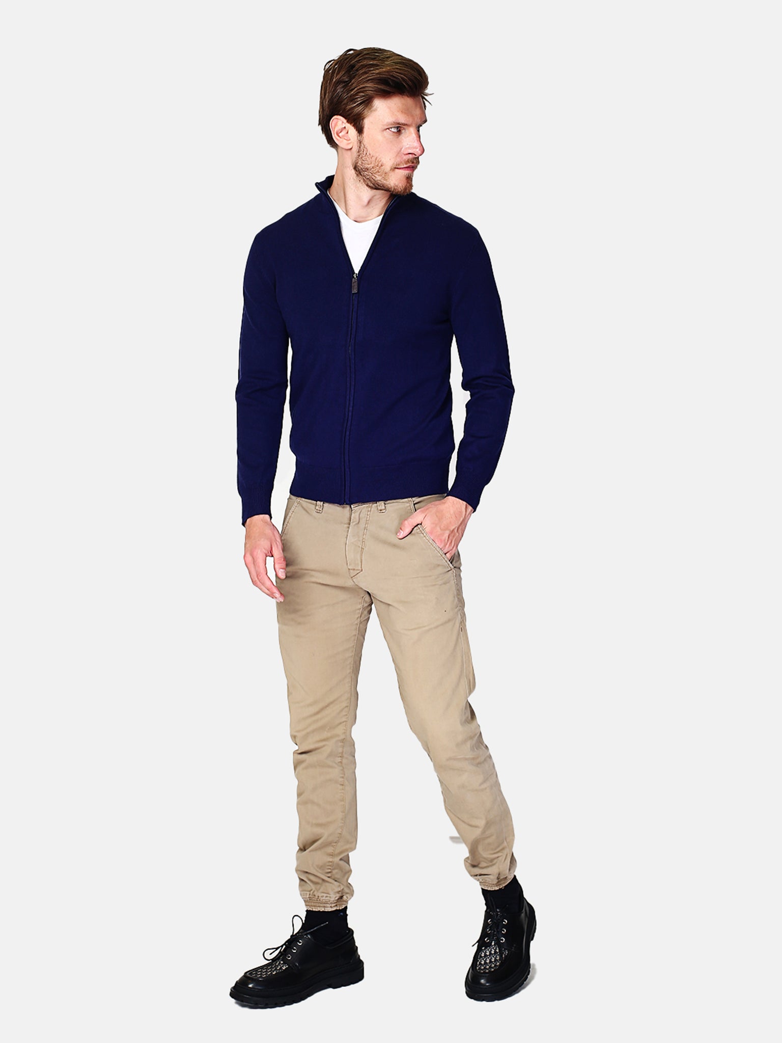 Classico Cardigan 3 Strati Con Zip E Maniche Lunghe - Blu Notte