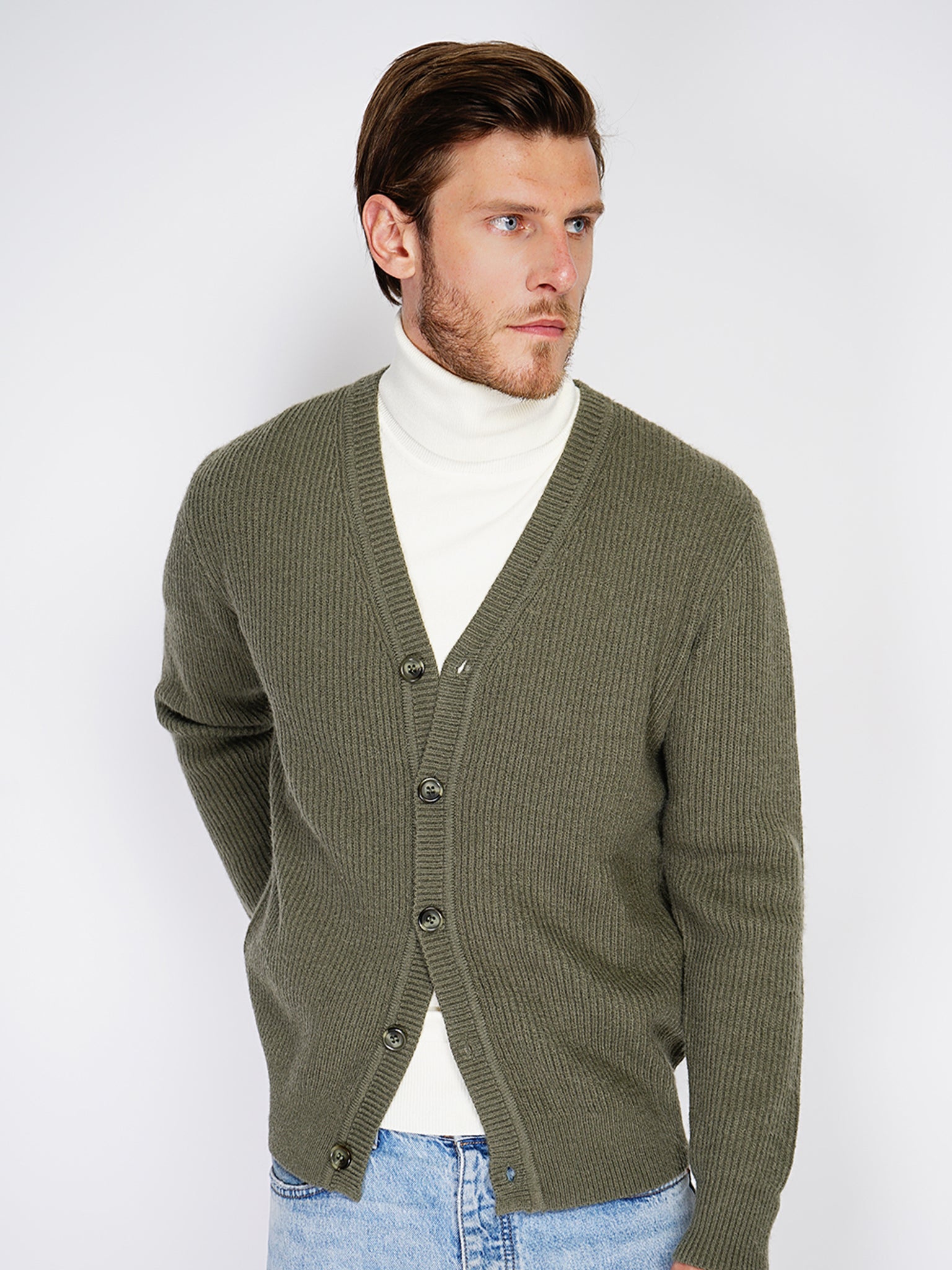 Cardigan A Maniche Lunghe Con Girocollo A Costine - Khaki