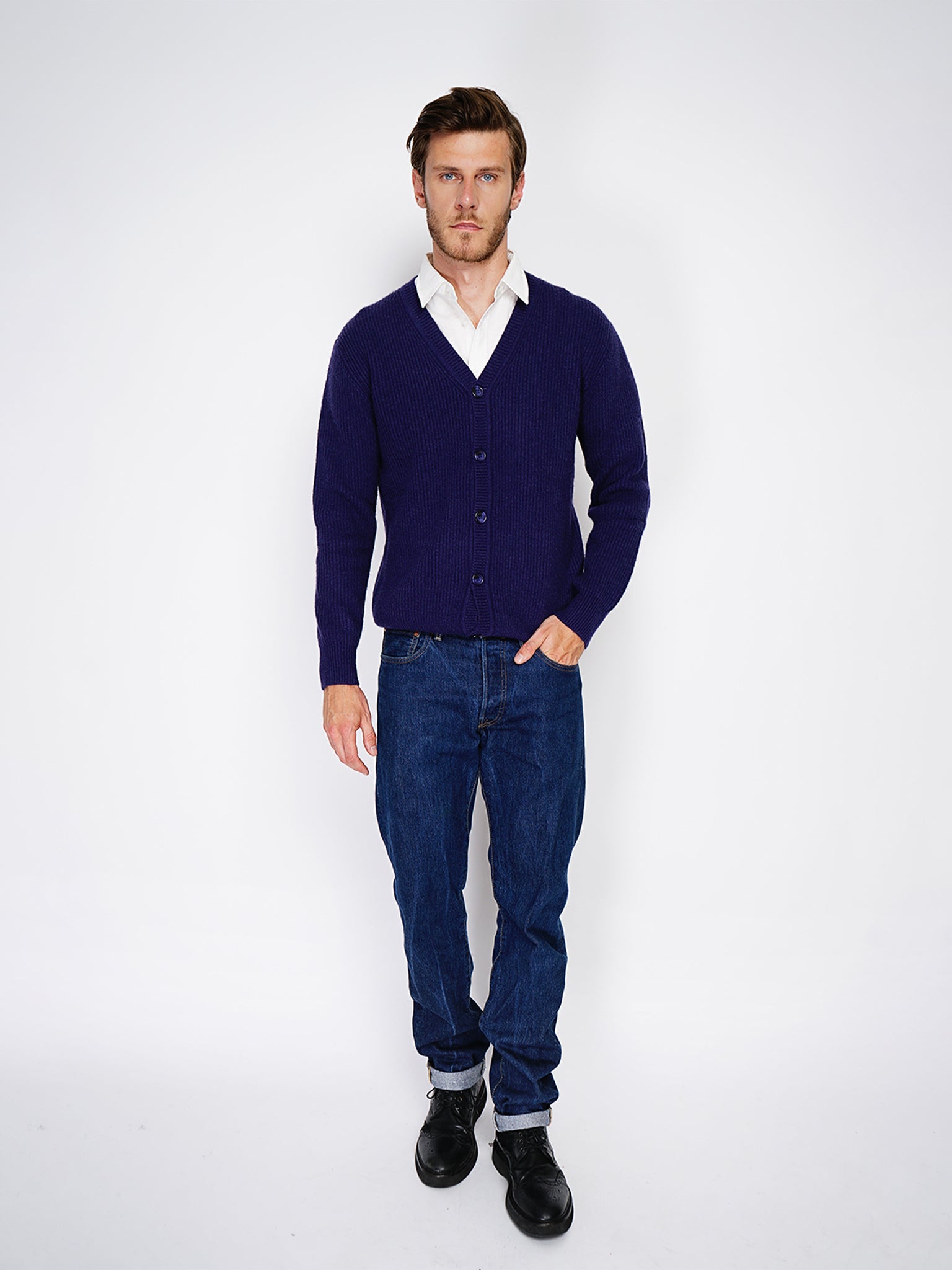 Cardigan A Maniche Lunghe Con Girocollo A Costine - Blu Notte