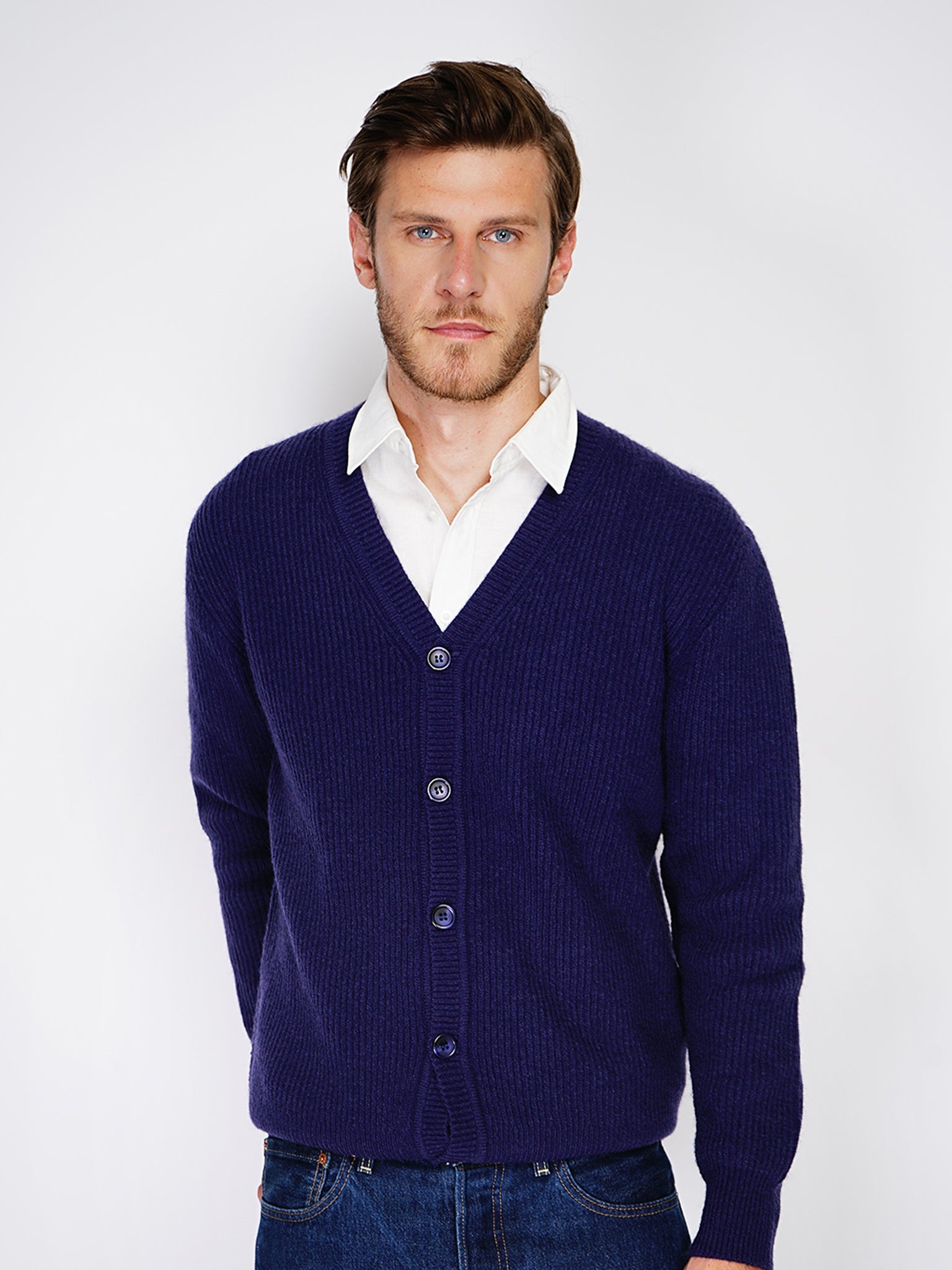 Cardigan A Maniche Lunghe Con Girocollo A Costine - Blu Notte