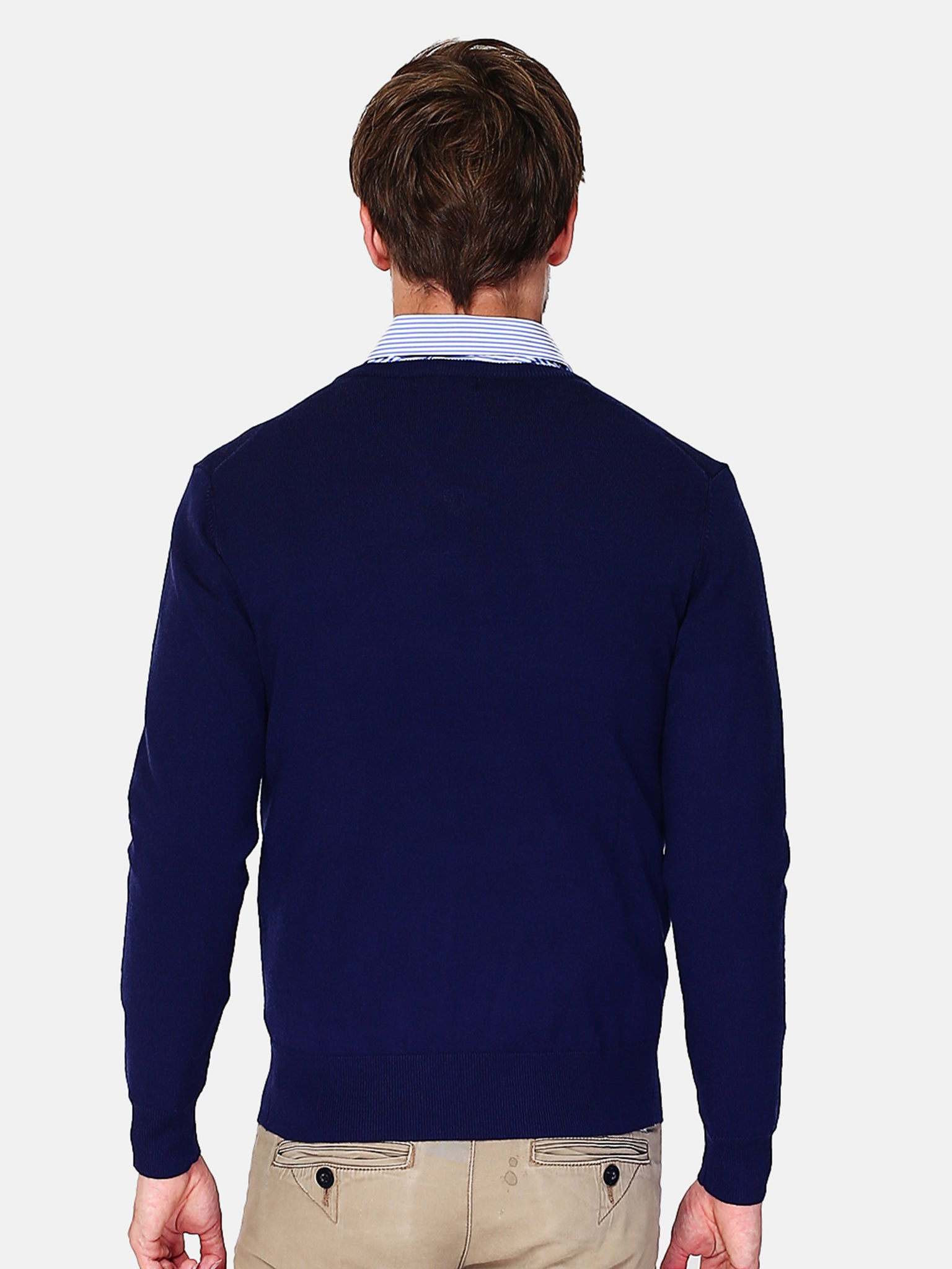 Classico Maglione A Maniche Lunghe Con Scollo a V a 3 Fili  - Blu Notte