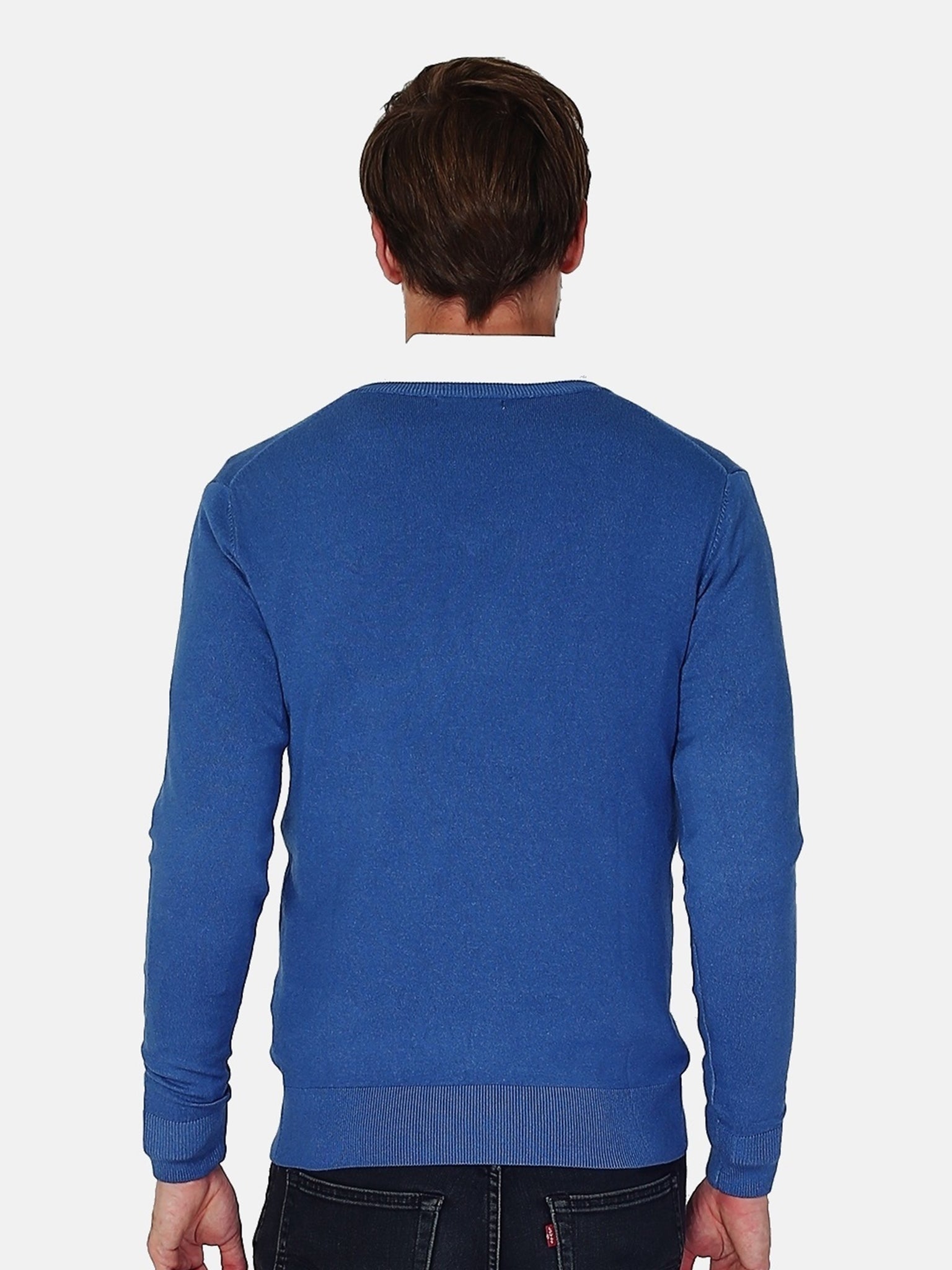 Classico Maglione A Maniche Lunghe Con Scollo a V a 3 Fili  - Blu Jeans