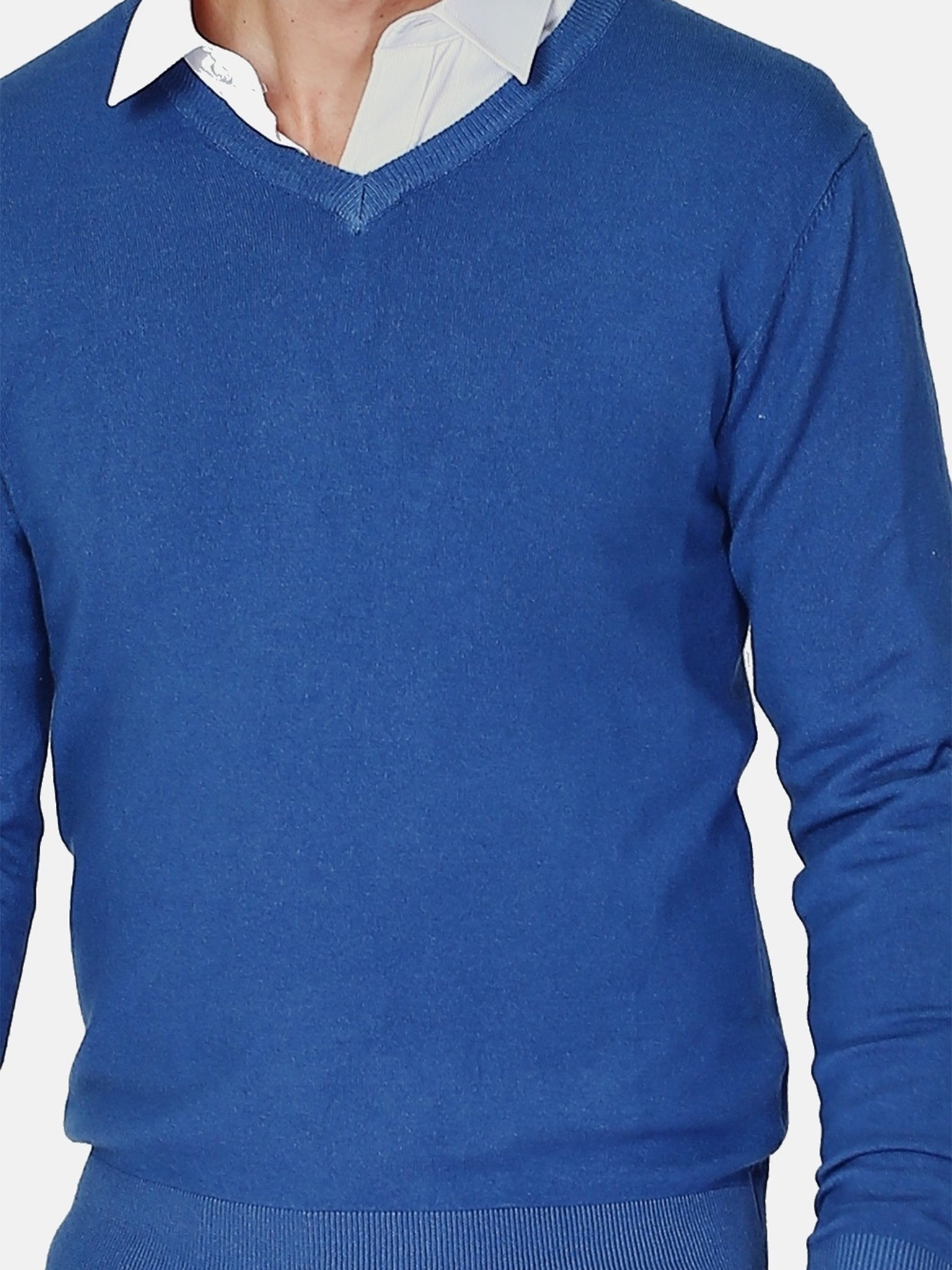 Classico Maglione A Maniche Lunghe Con Scollo a V a 3 Fili  - Blu Jeans