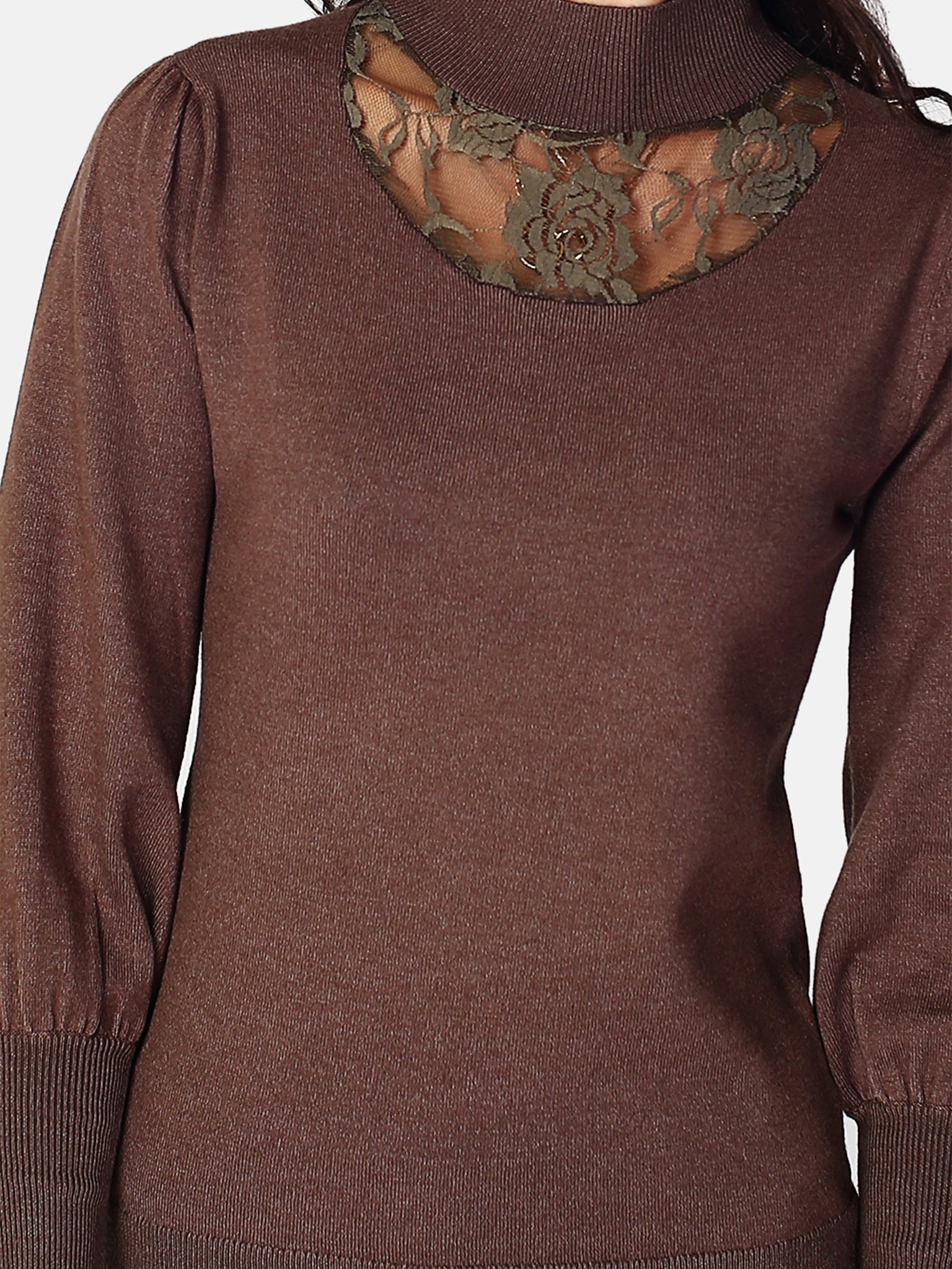 Maglia Con Scollo Alto, Maniche Lunghe, Leggermente Gonfia Sul Davanti - Trasparente Taupe