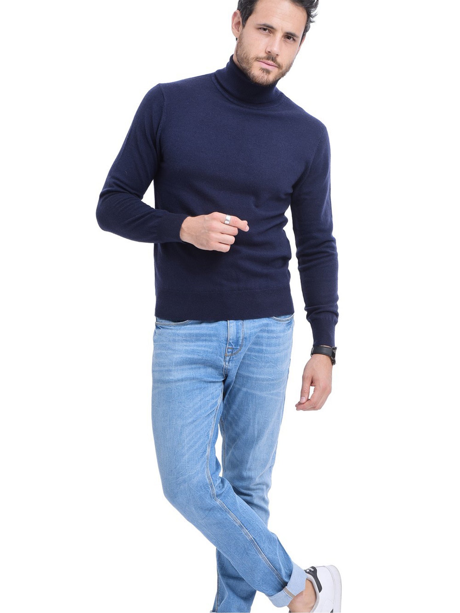 Maglia A Maniche Lunghe Con Collo Alto - Blu Scuro