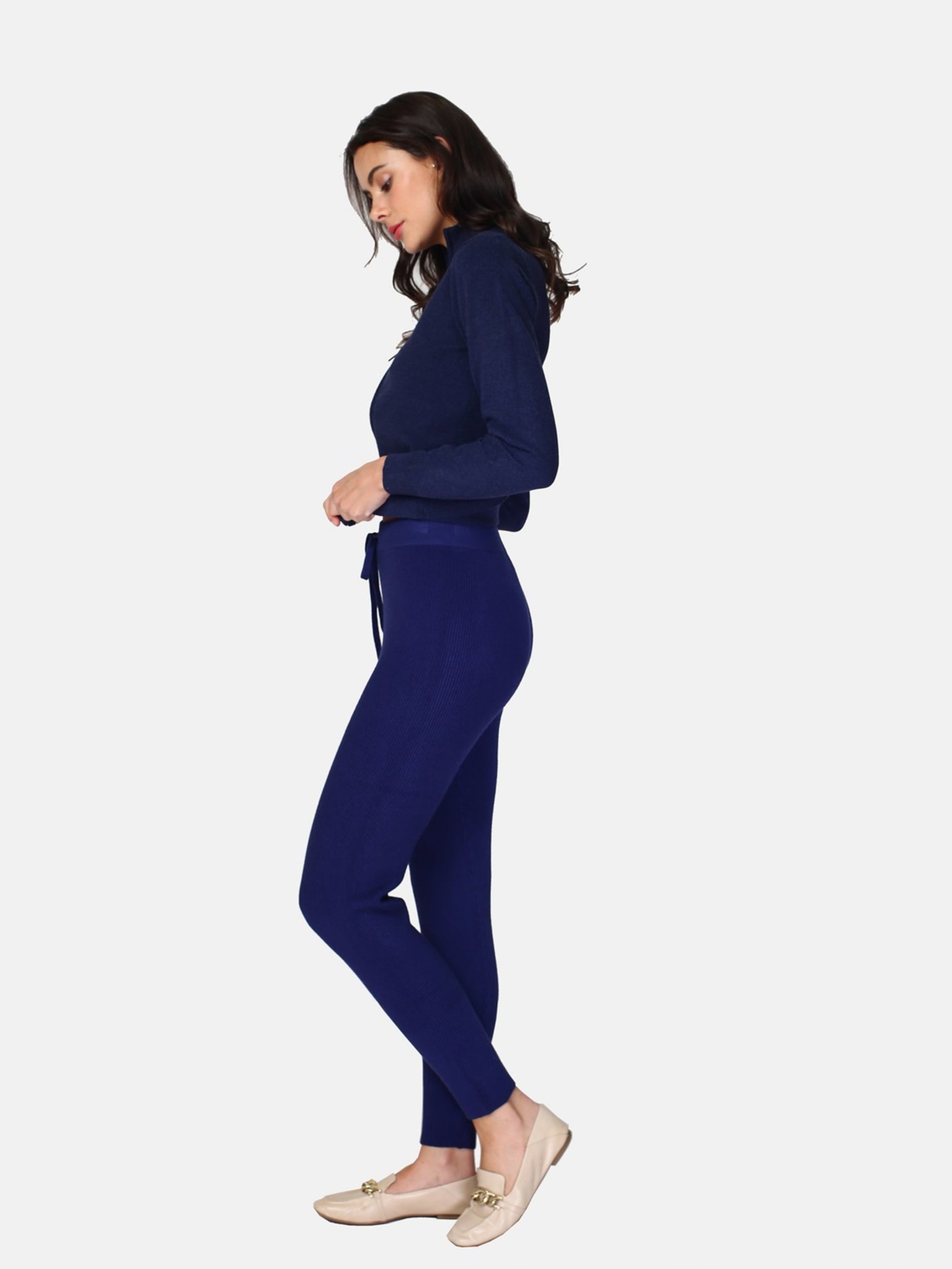 Pantalone Vita Alta Con Bordo In Costina Inglese - Blu Notte