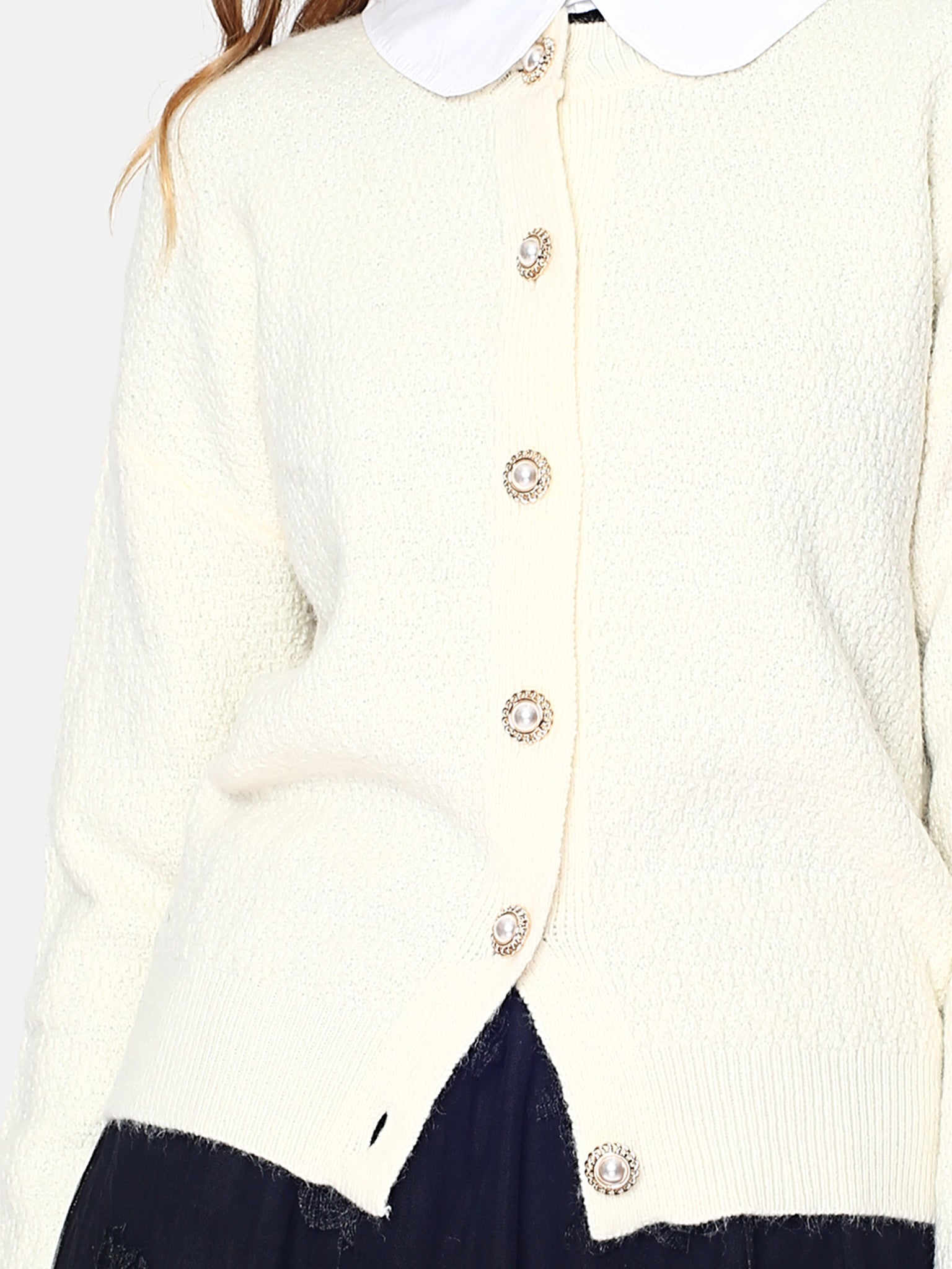 Cardigan Girocollo Con Bottoni Diamanti - Bianco Sporco