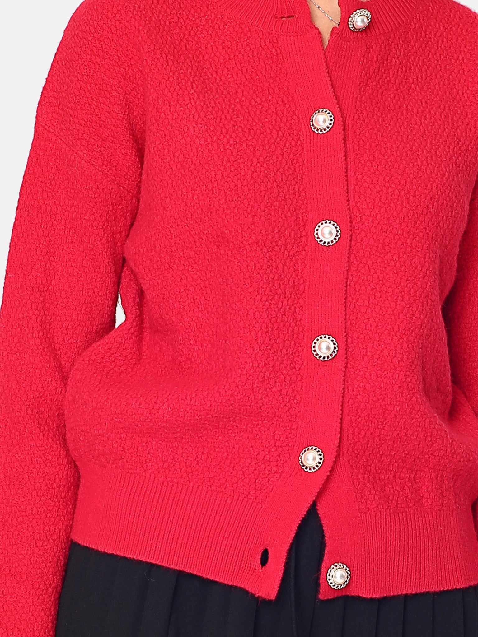 Cardigan Girocollo Con Bottoni Diamanti - Rosso Hermes