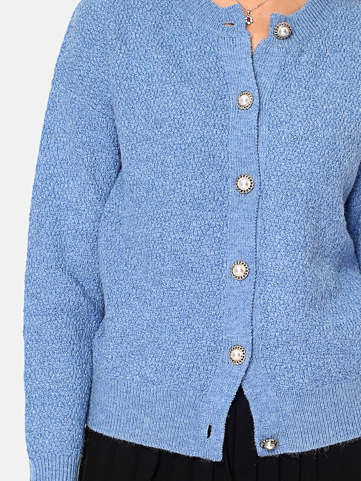 Cardigan Girocollo Con Bottoni Diamanti - Blu Jeans