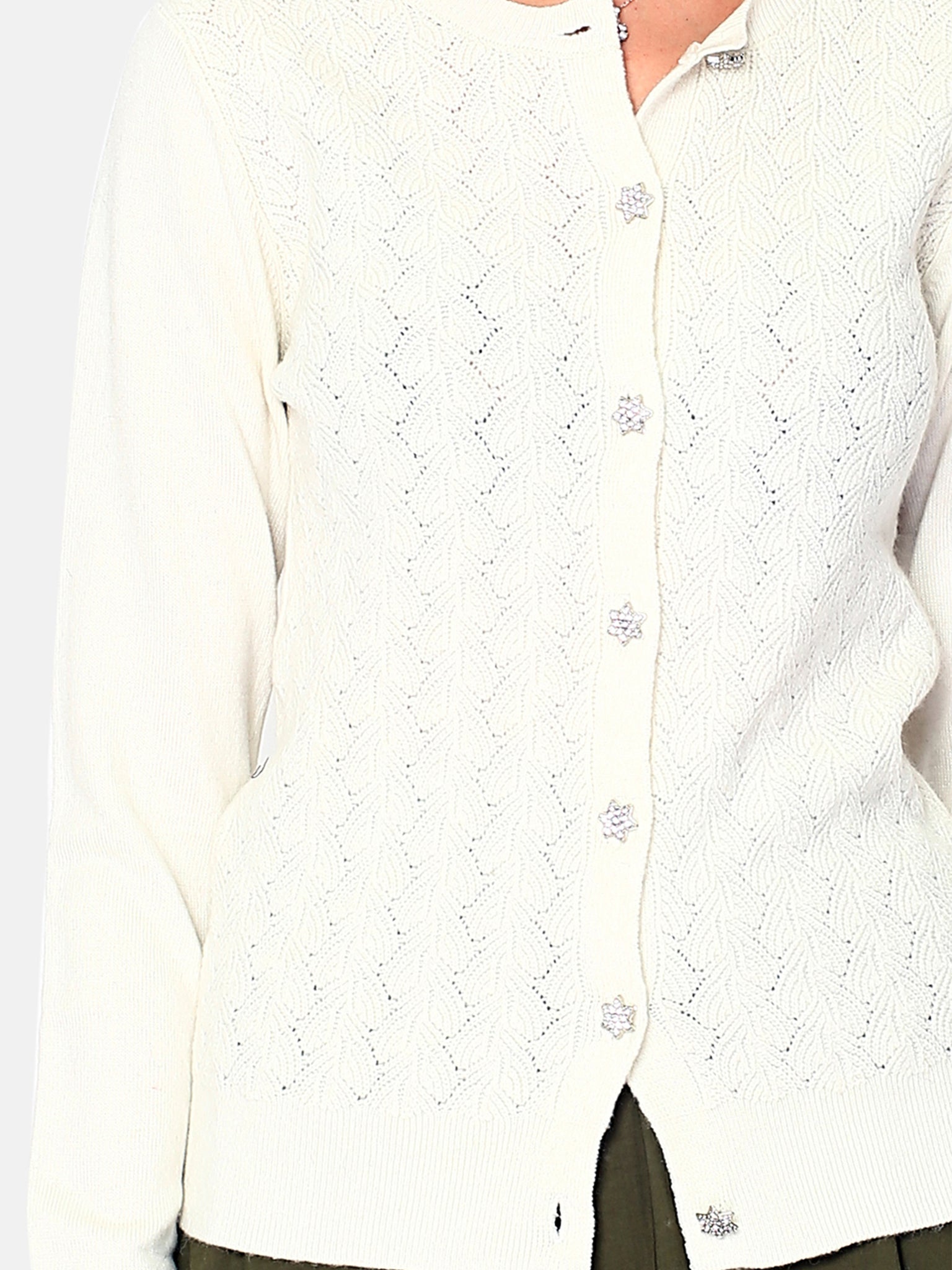 Cardigan Collo Rotondo E Bottoni Diamante - Bianco Sporco