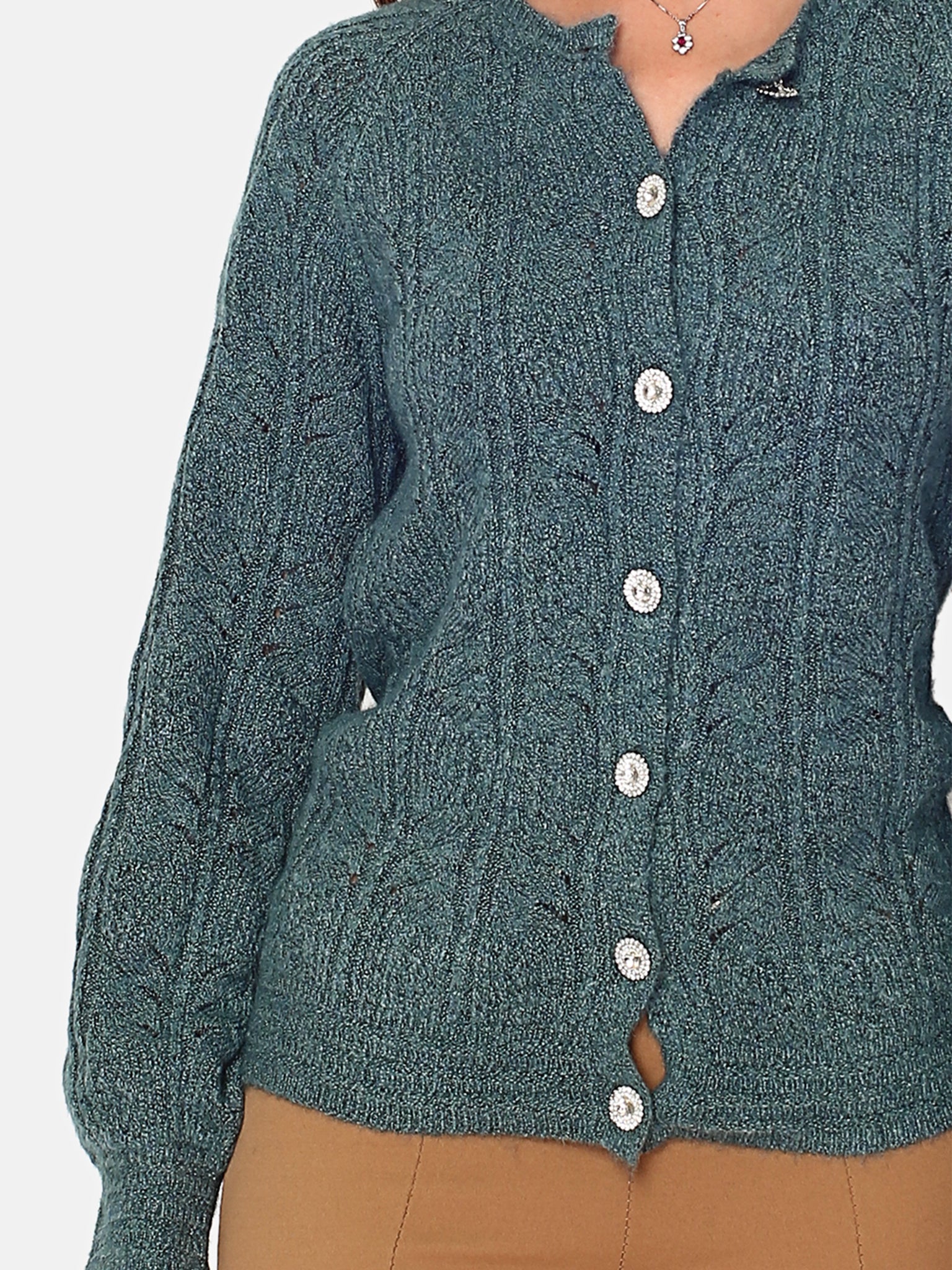 Cardigan Girocollo Con Bottoni Diamantati - Verde Foresta