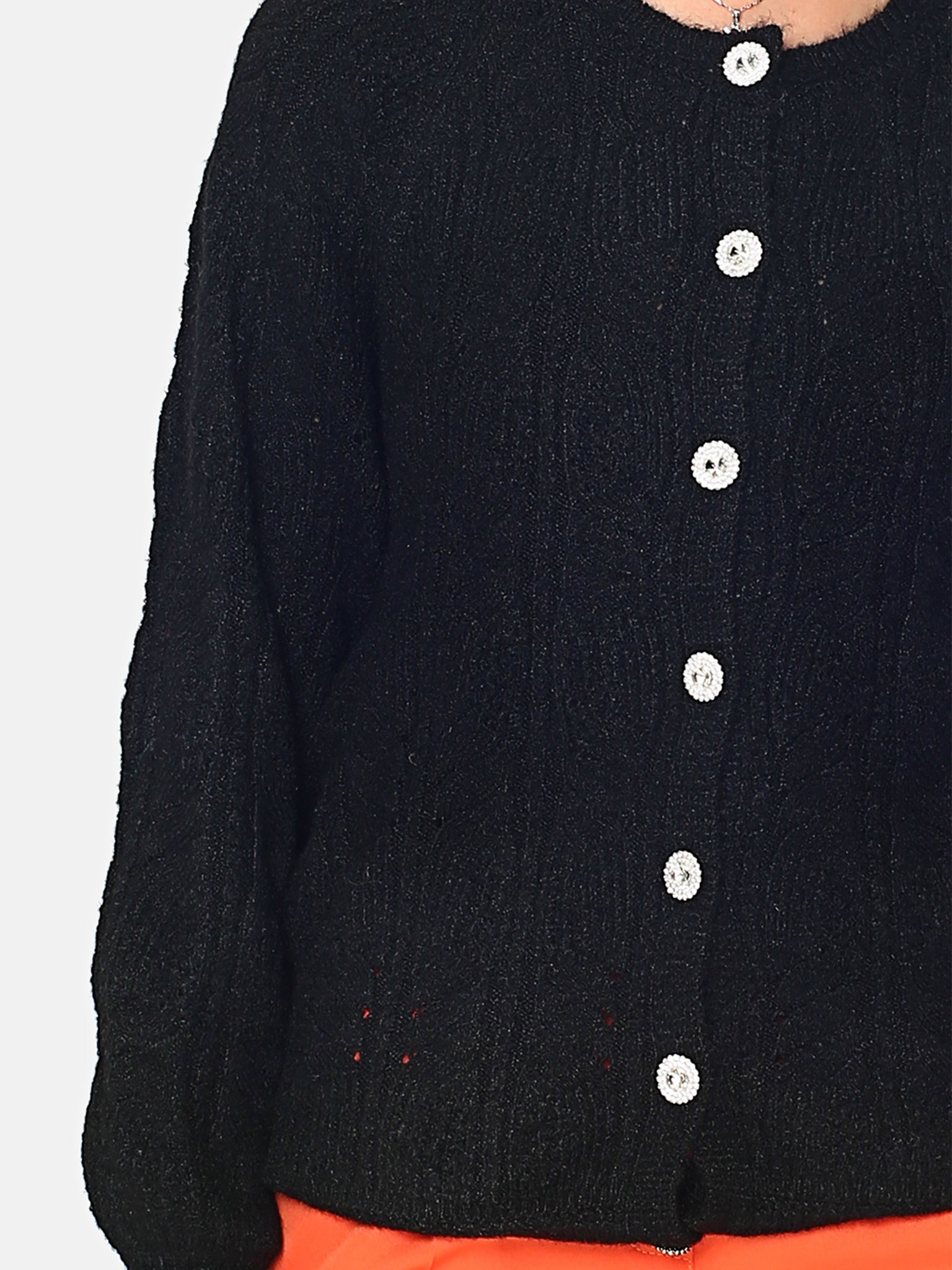 Cardigan Girocollo Con Bottoni Diamantati - Nero