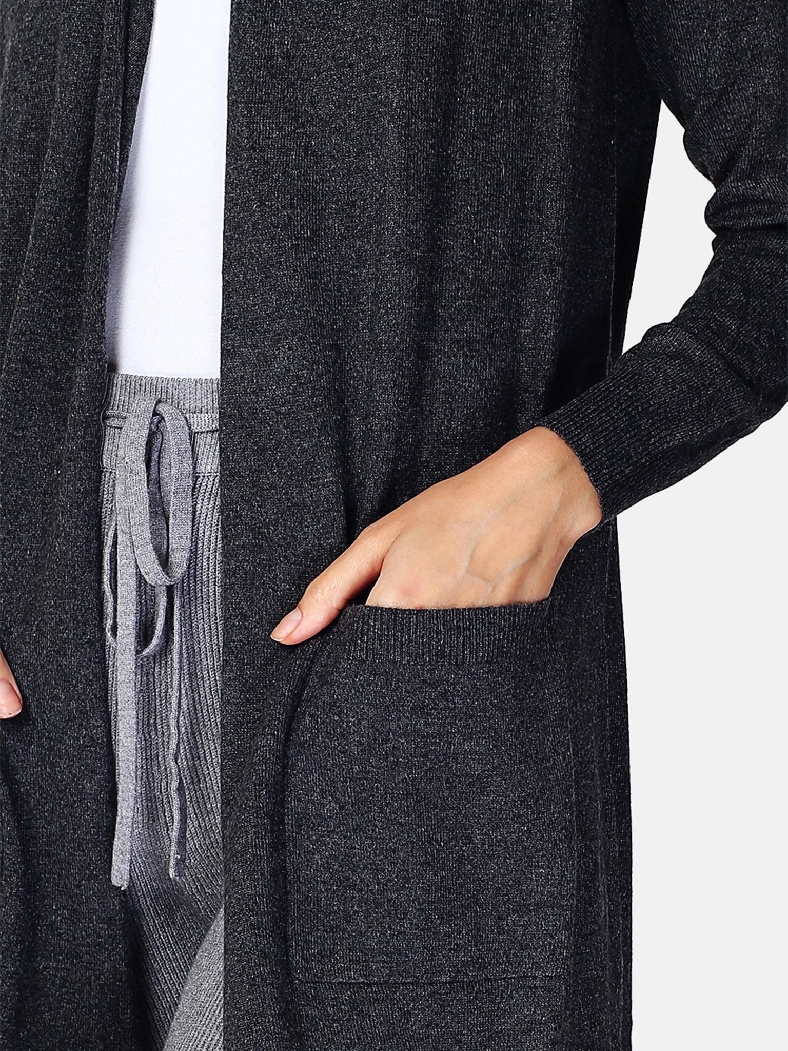 Cardigan Lungo Con 2 Tasche Frontali Lavorata A 2 Fili - Grigio Scuro