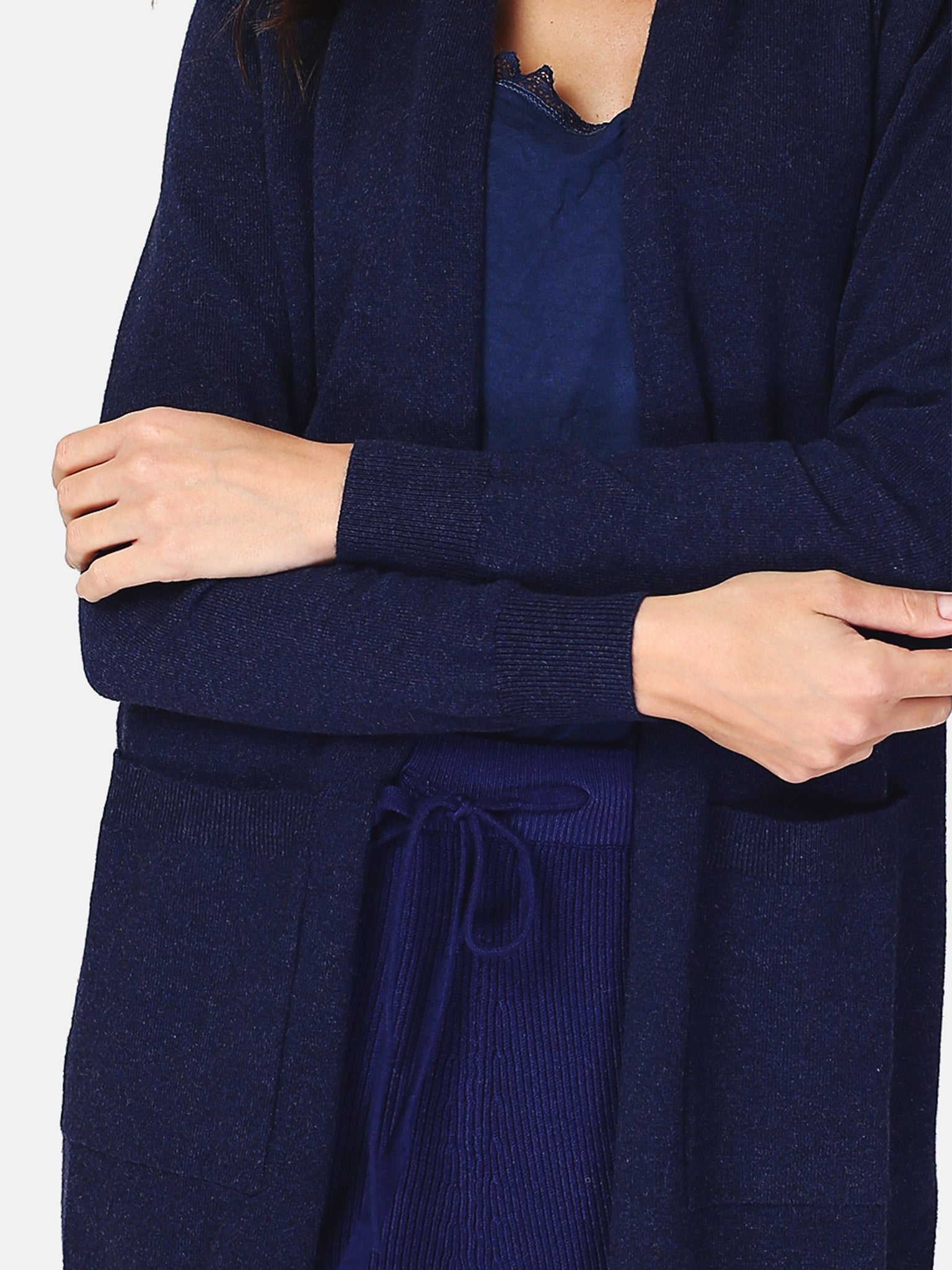 Cardigan Lungo Con 2 Tasche Frontali Lavorata A 2 Fili - Blu Notte