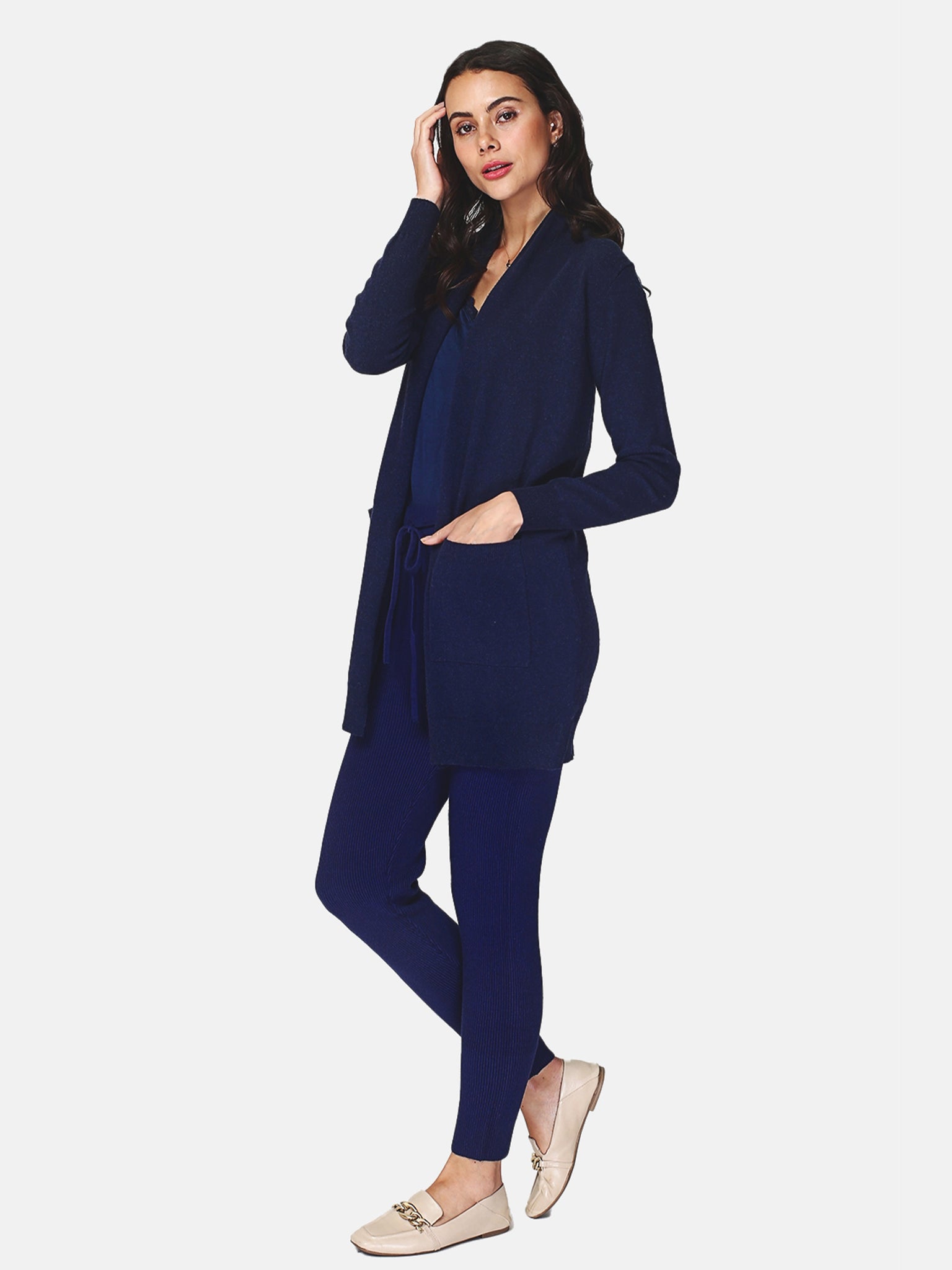 Cardigan Lungo Con 2 Tasche Frontali Lavorata A 2 Fili - Blu Notte