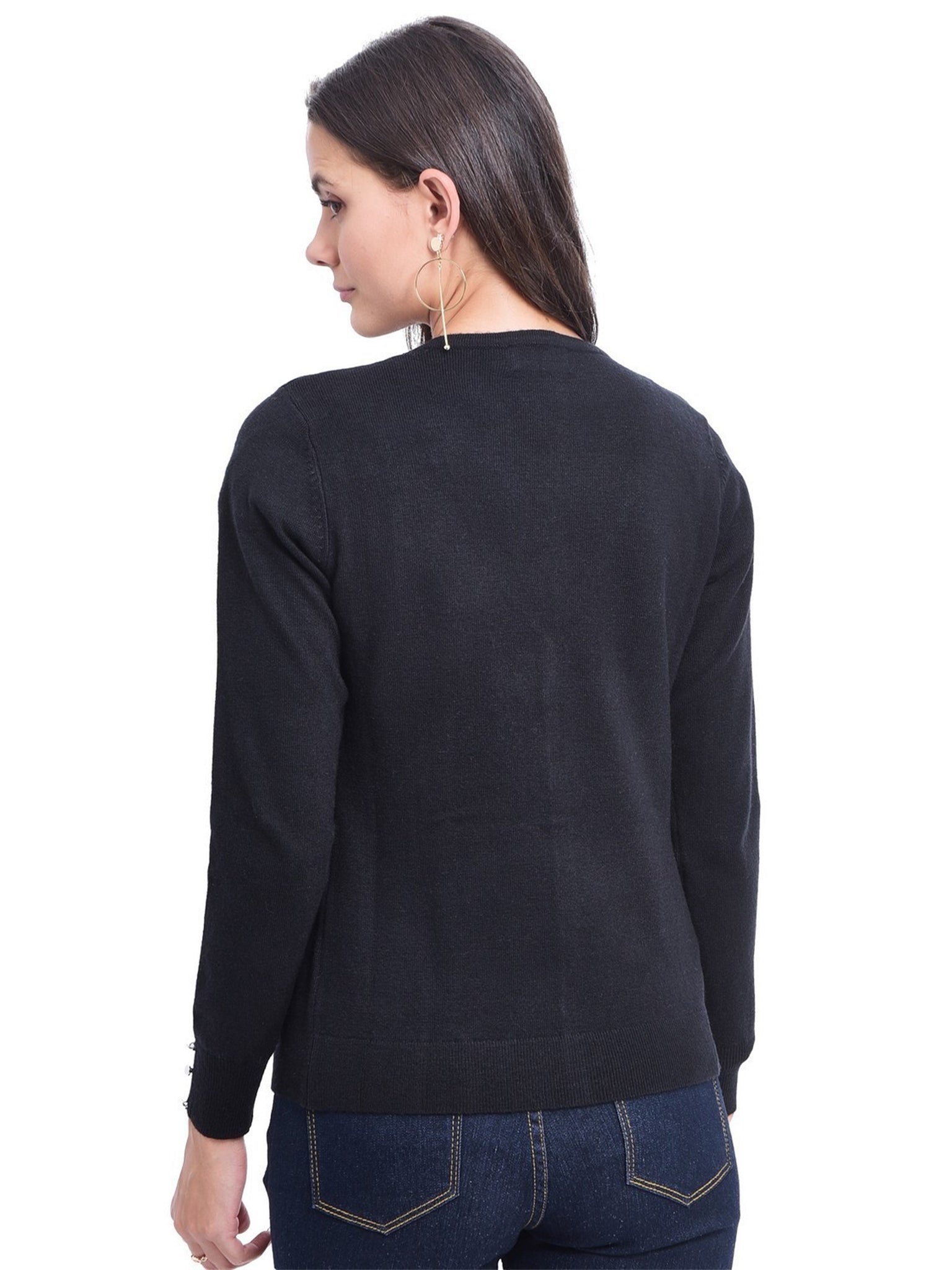 Cardigan Con Scollo a V e Bottoni Argentati Sulle Maniche - Nero