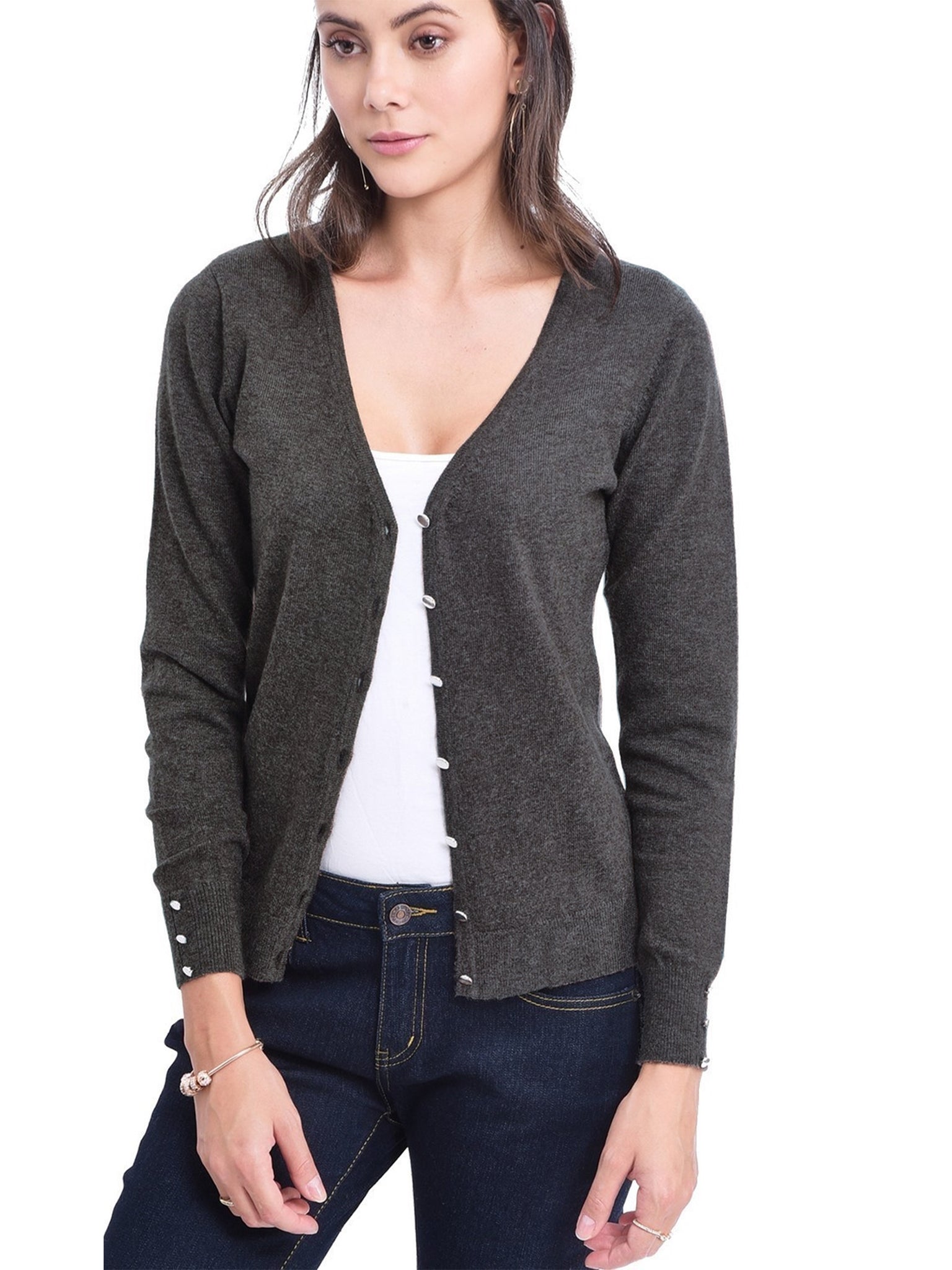 Cardigan Con Scollo a V e Bottoni Argentati Sulle Maniche - Grigio Scuro