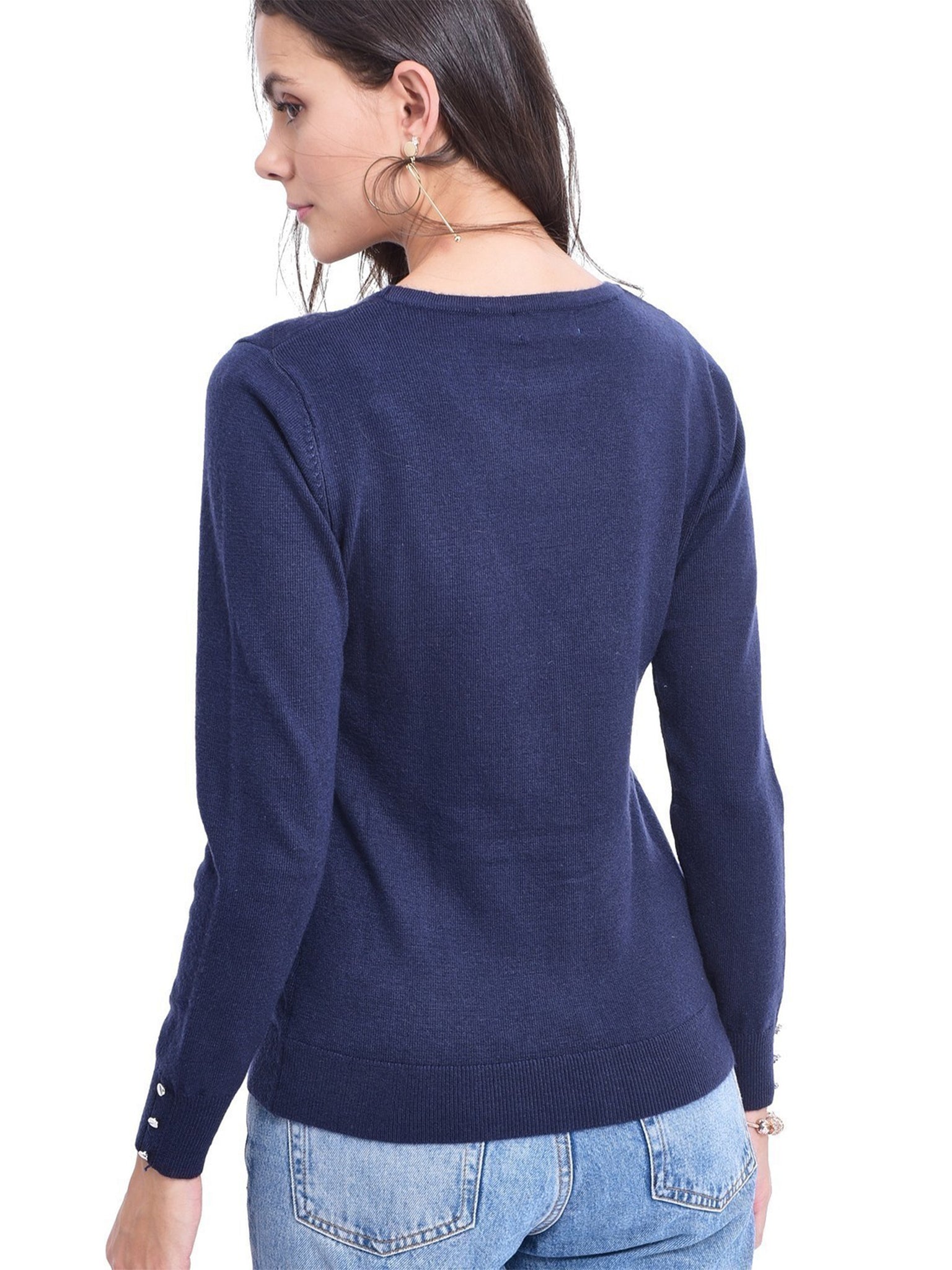 Cardigan Con Scollo a V e Bottoni Argentati Sulle Maniche - Blu Scuro