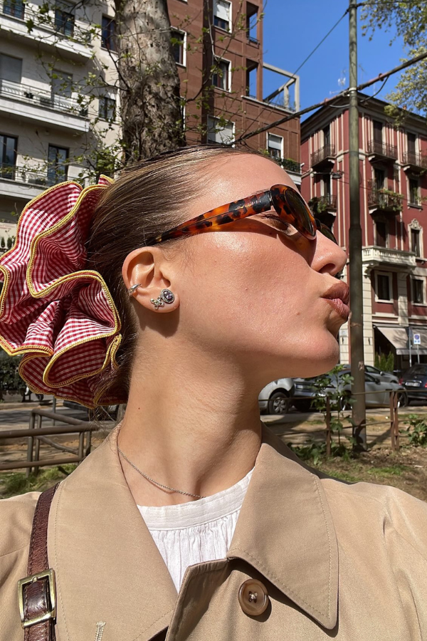 Scrunchie Oversize In Cotone, Vichy Rosso