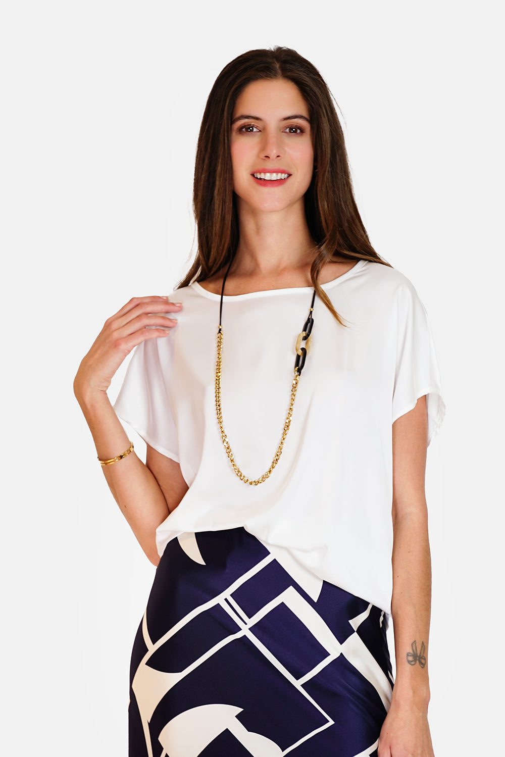 Wide round neck top with short sleeves White