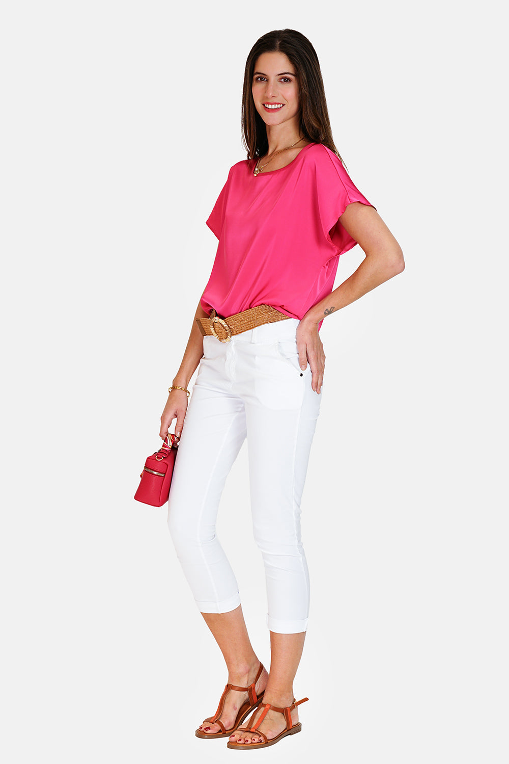 Wide round neck top with short sleeves Fushia