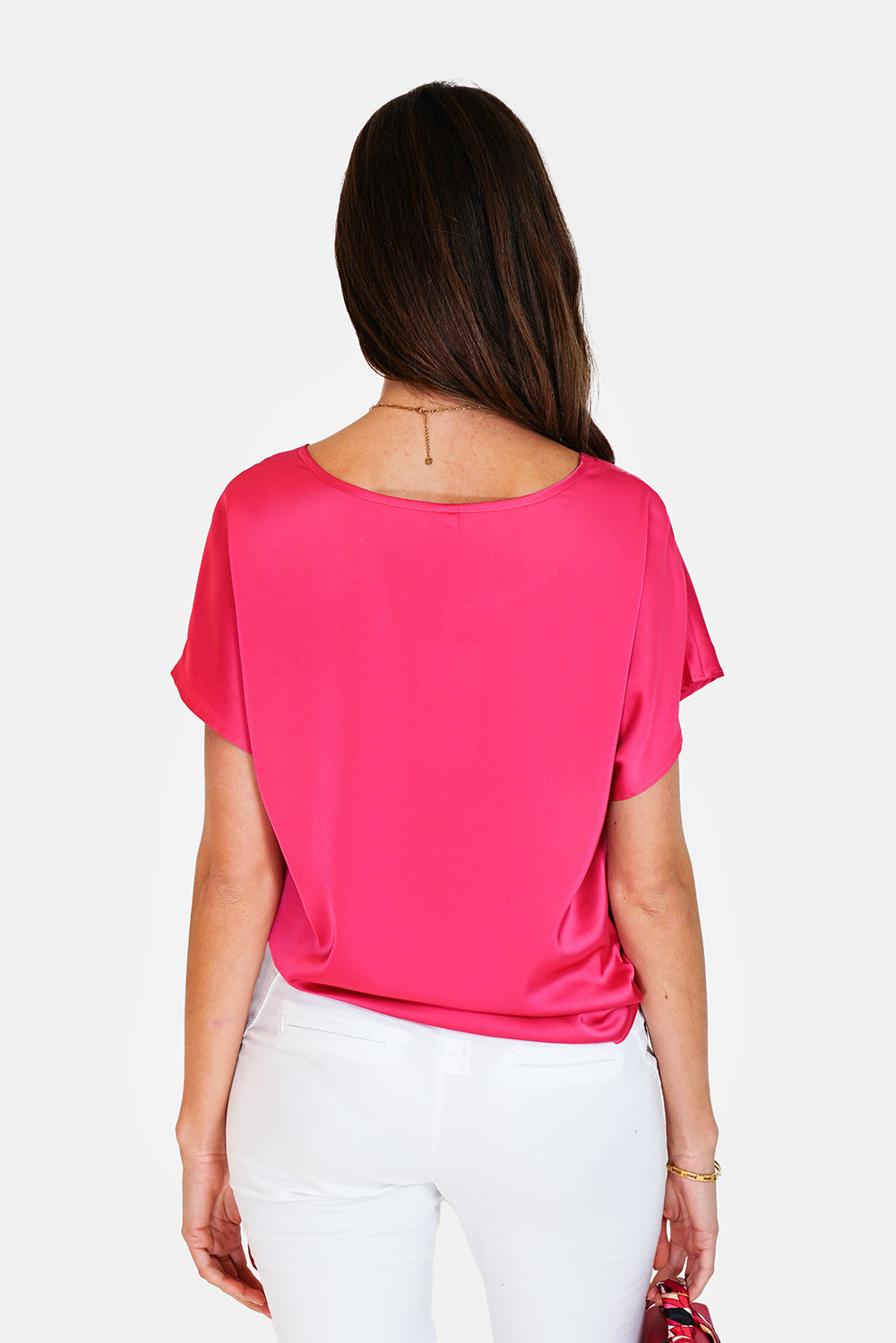 Wide round neck top with short sleeves Fushia