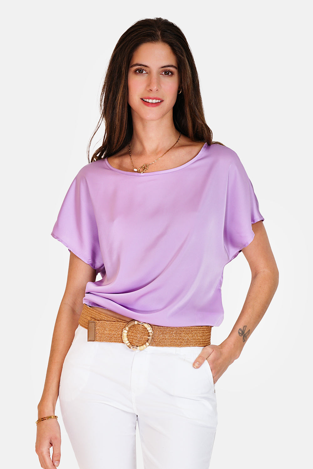 Wide round neck top with short sleeves Purple