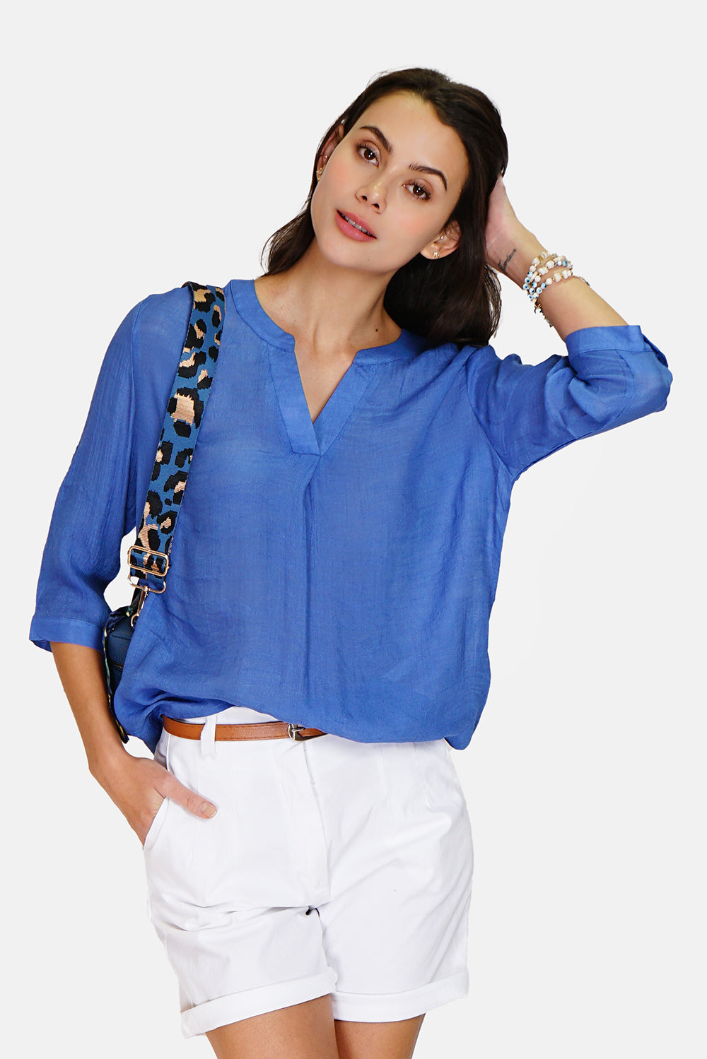 Buttoned front Tunisian collar top with 3/4 sleeves Blue Royal
