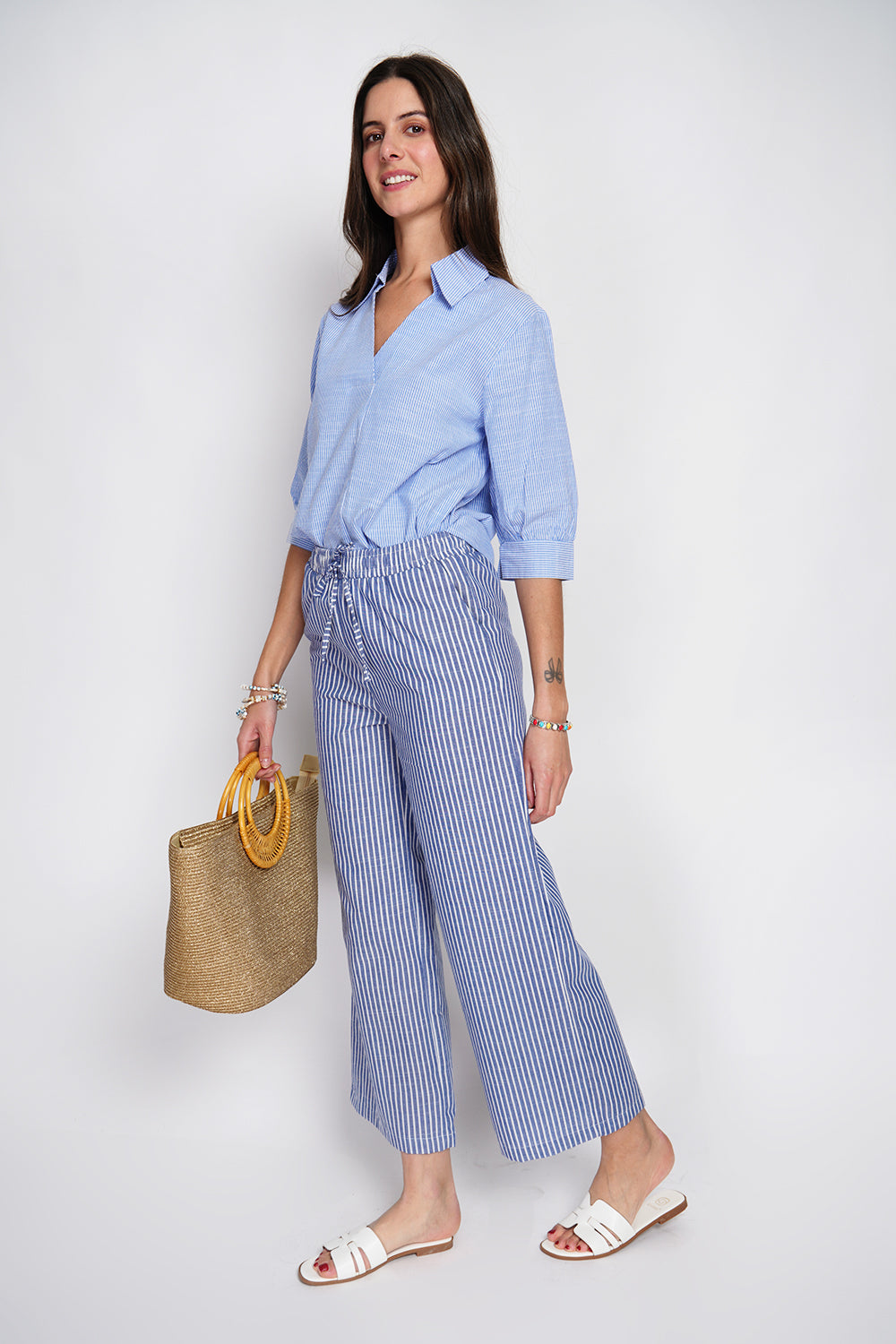 Top con collo a camicia, incrociato davanti, a trapezio con maniche a 3/4 Blu Azzurro